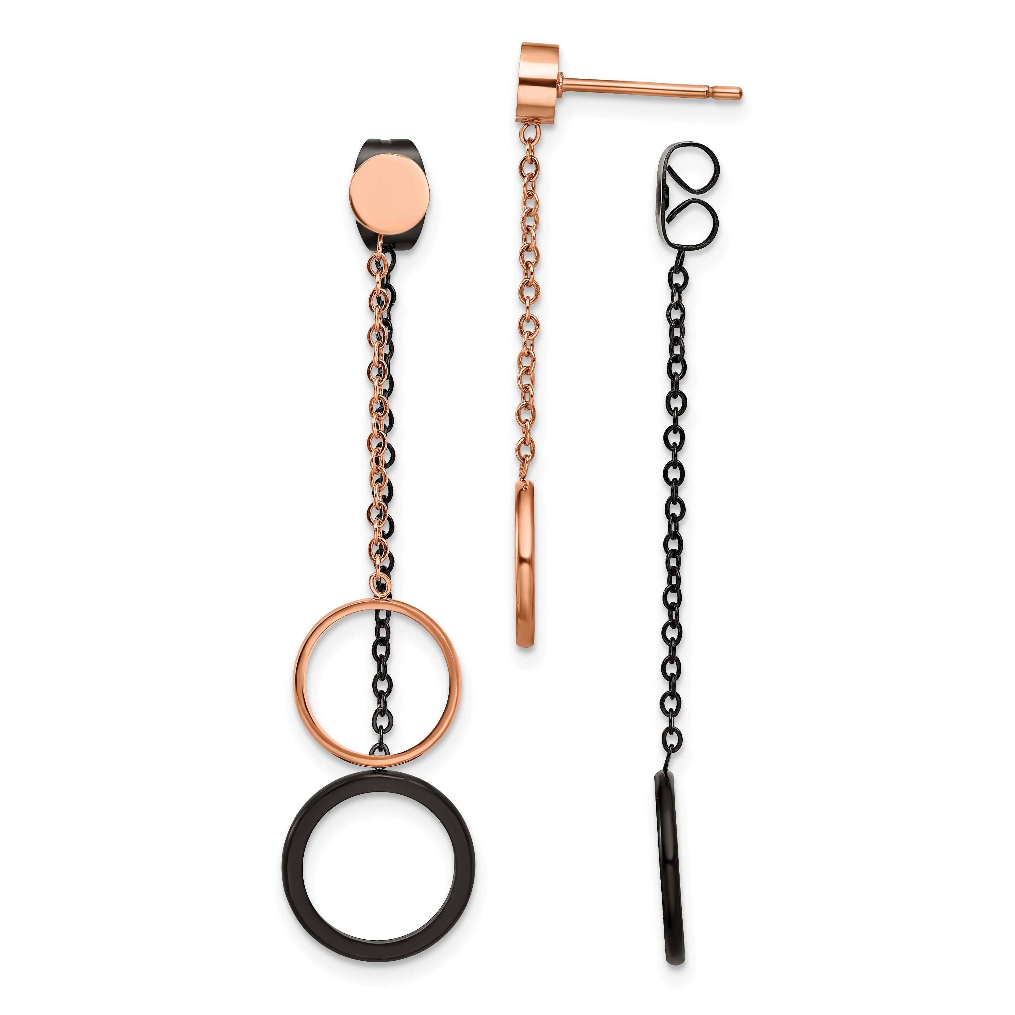 Chisel Stainless Steel Polished Black and Rose IP-plated Front and Back Post Dangle Earrings