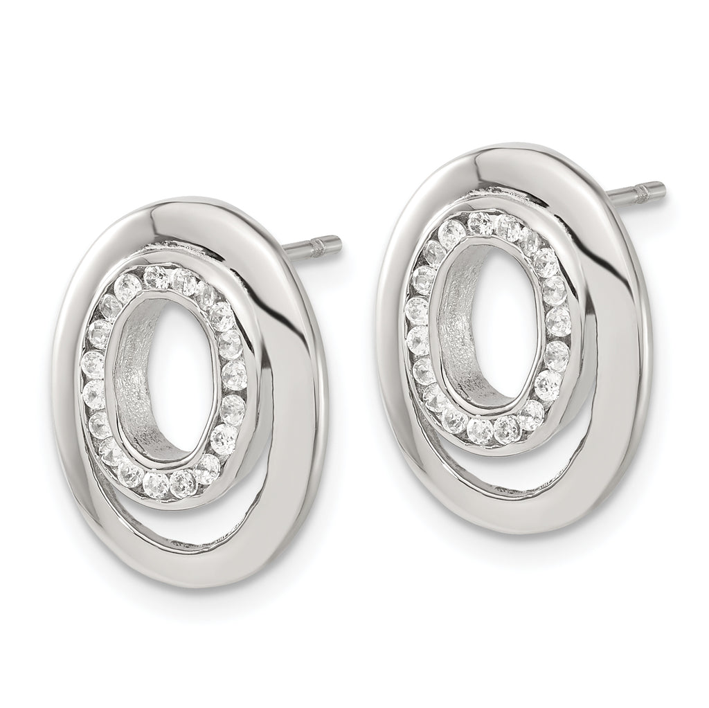 Stainless Steel Polished Oval Cubic Zirconia Button Earrings for Women