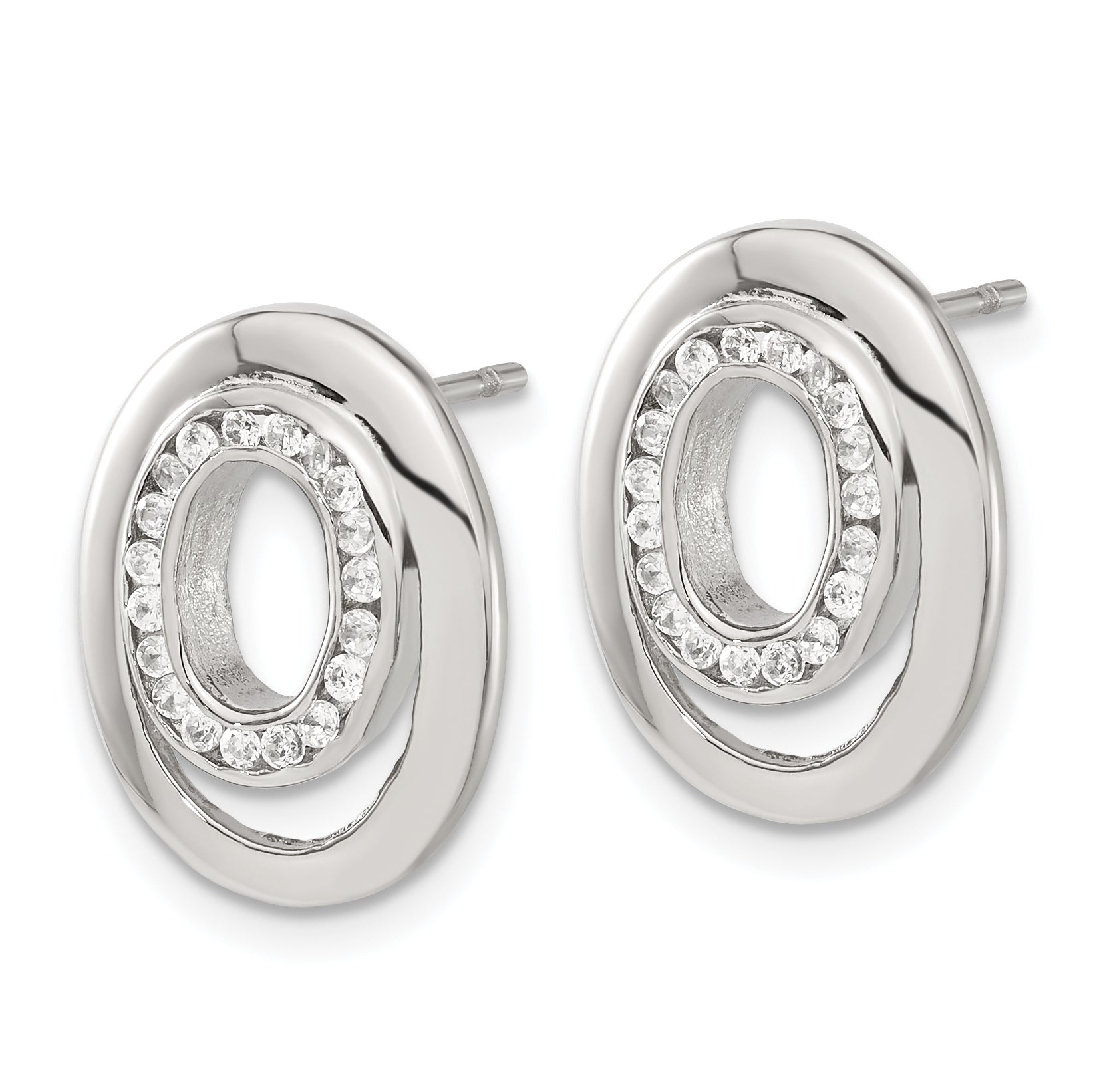 Stainless Steel Polished Oval Cubic Zirconia Button Earrings for Women