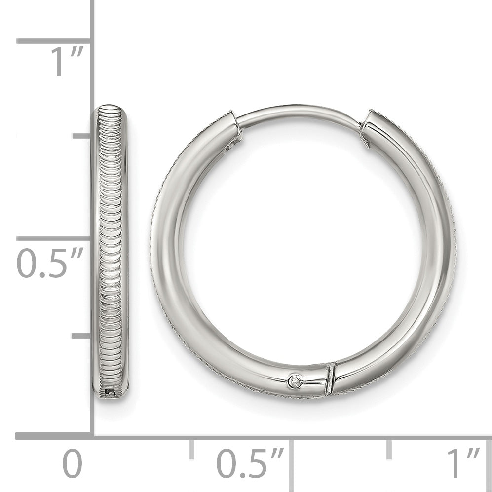Stainless Steel Polished Textured Hinged Huggie Hoop Earrings