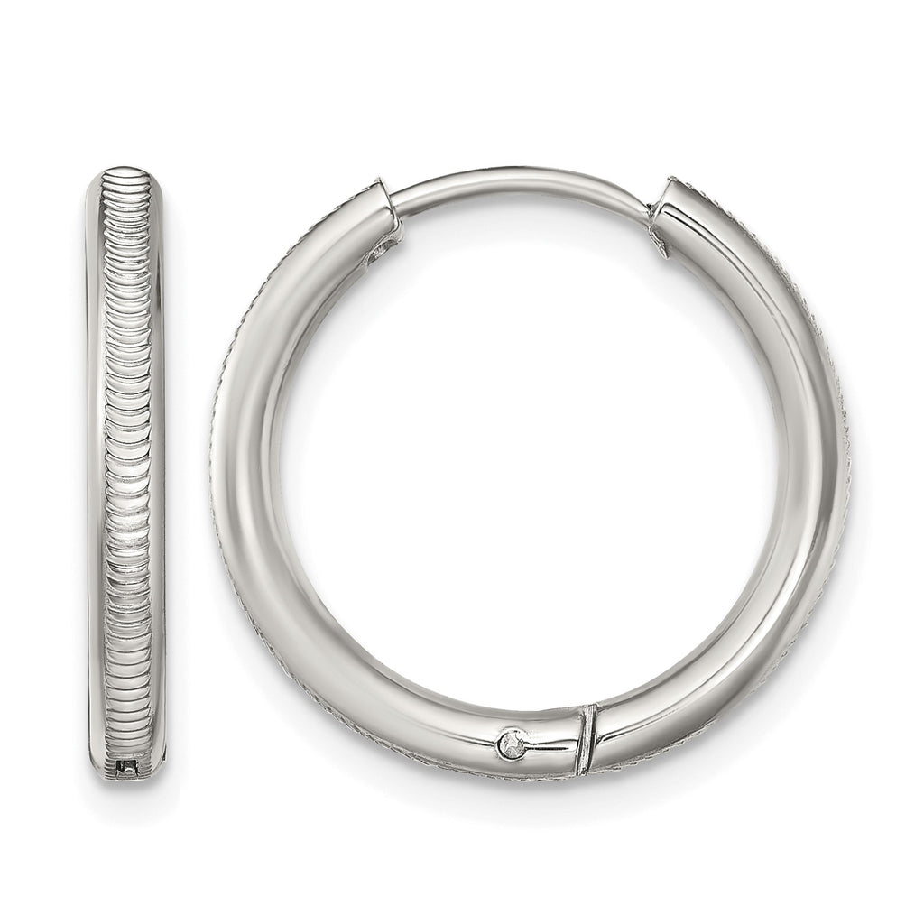 Stainless Steel Polished Textured Hinged Huggie Hoop Earrings