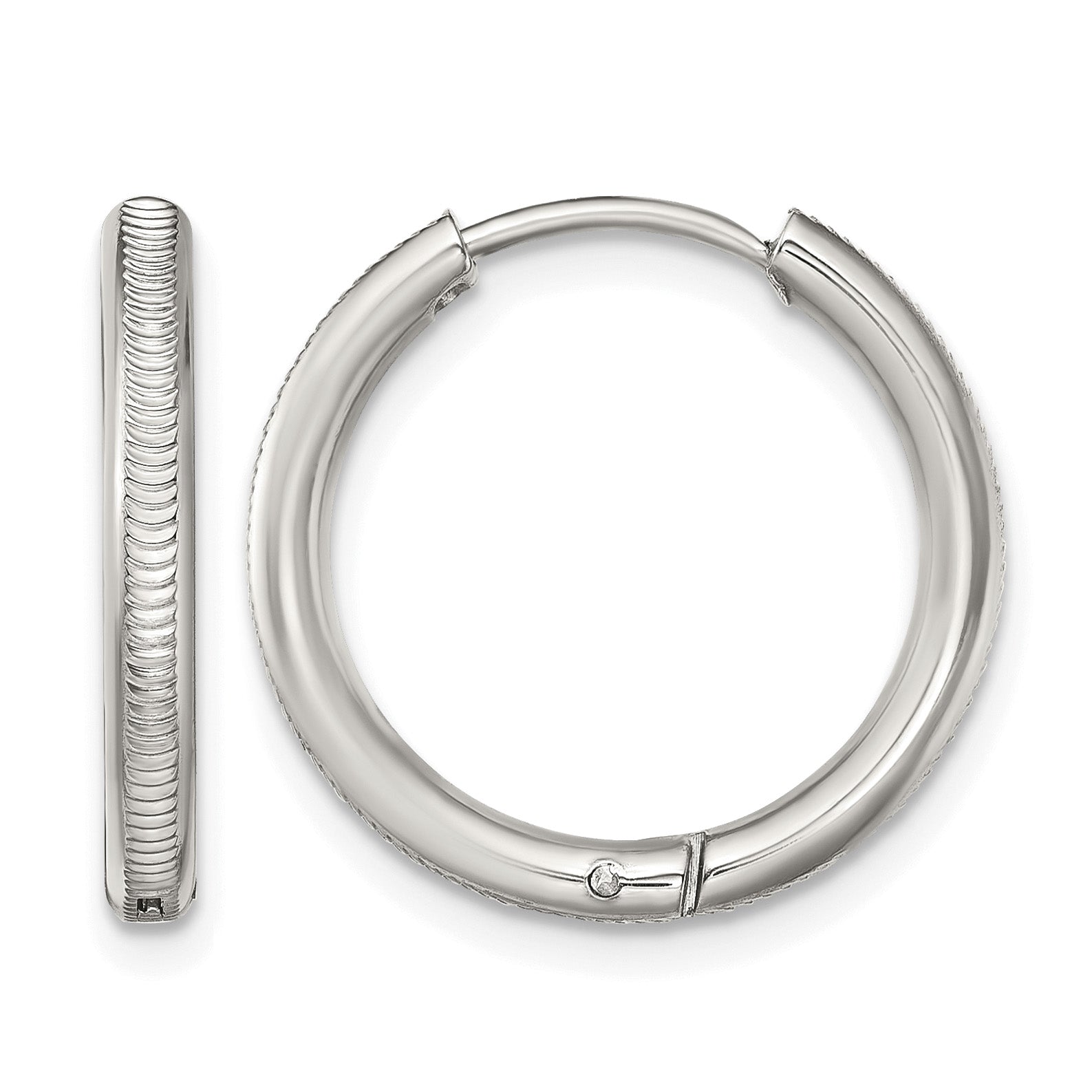 Stainless Steel Polished Textured Hinged Huggie Hoop Earrings