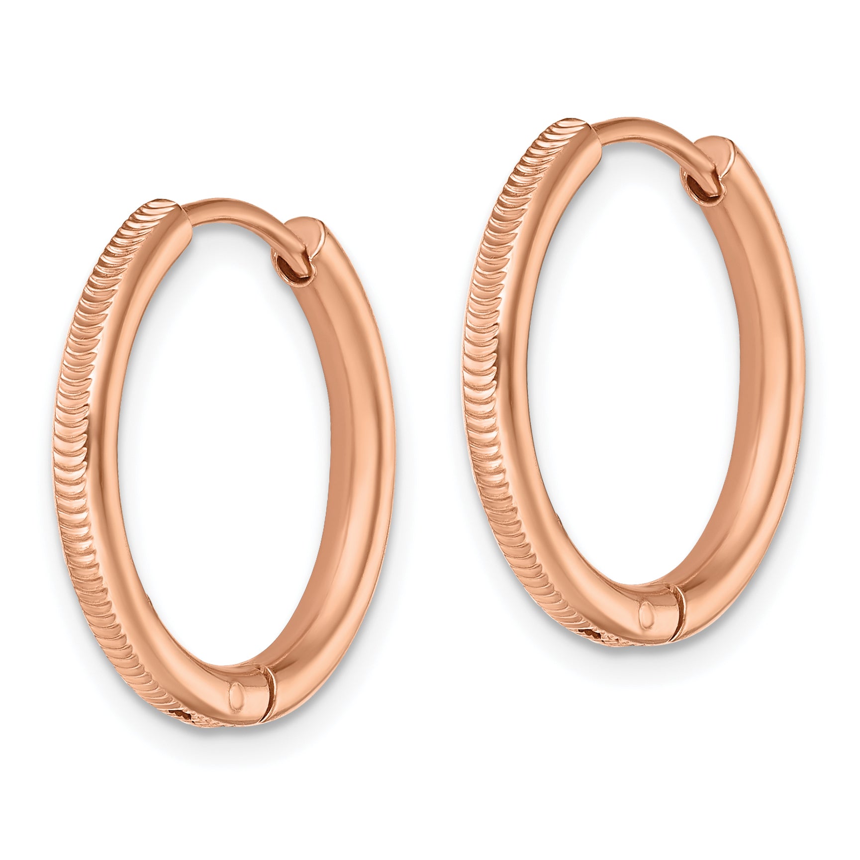 Chisel Stainless Steel Polished and Textured Rose IP-plated 2.5mm Hinged Hoop Earrings