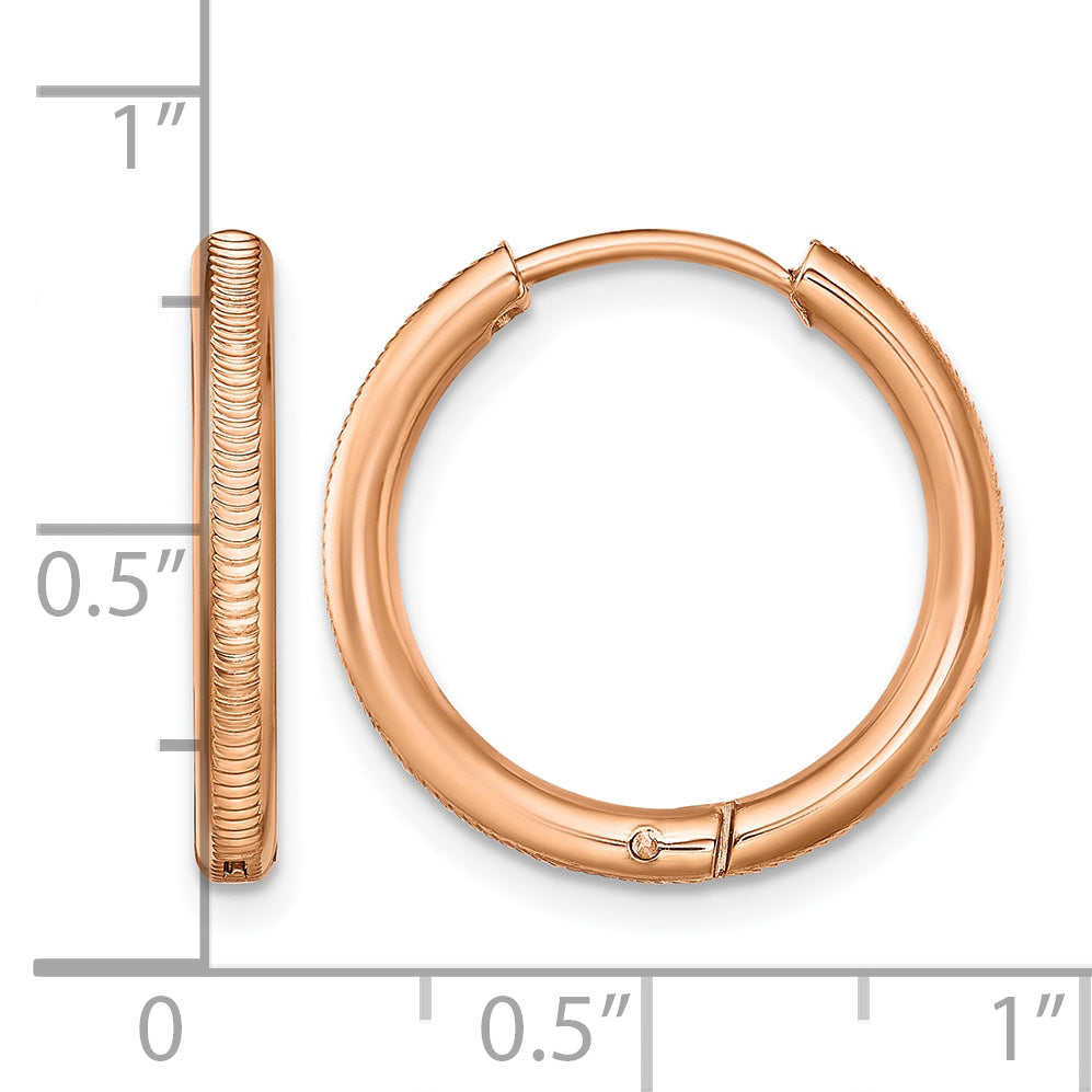 Stainless Steel Rose Gold-Tone Polished Textured Hinged Huggie Hoop Earrings