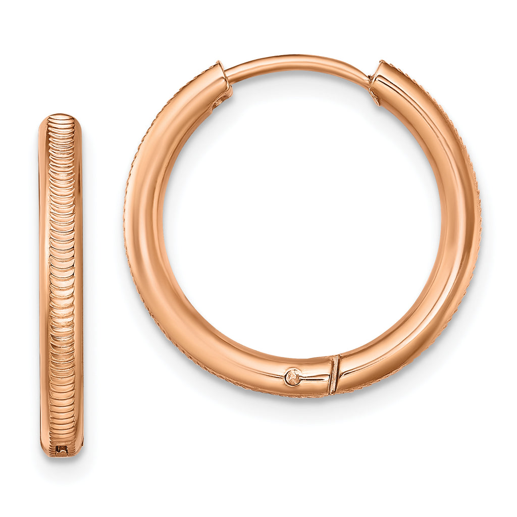 Chisel Stainless Steel Polished and Textured Rose IP-plated 2.5mm Hinged Hoop Earrings