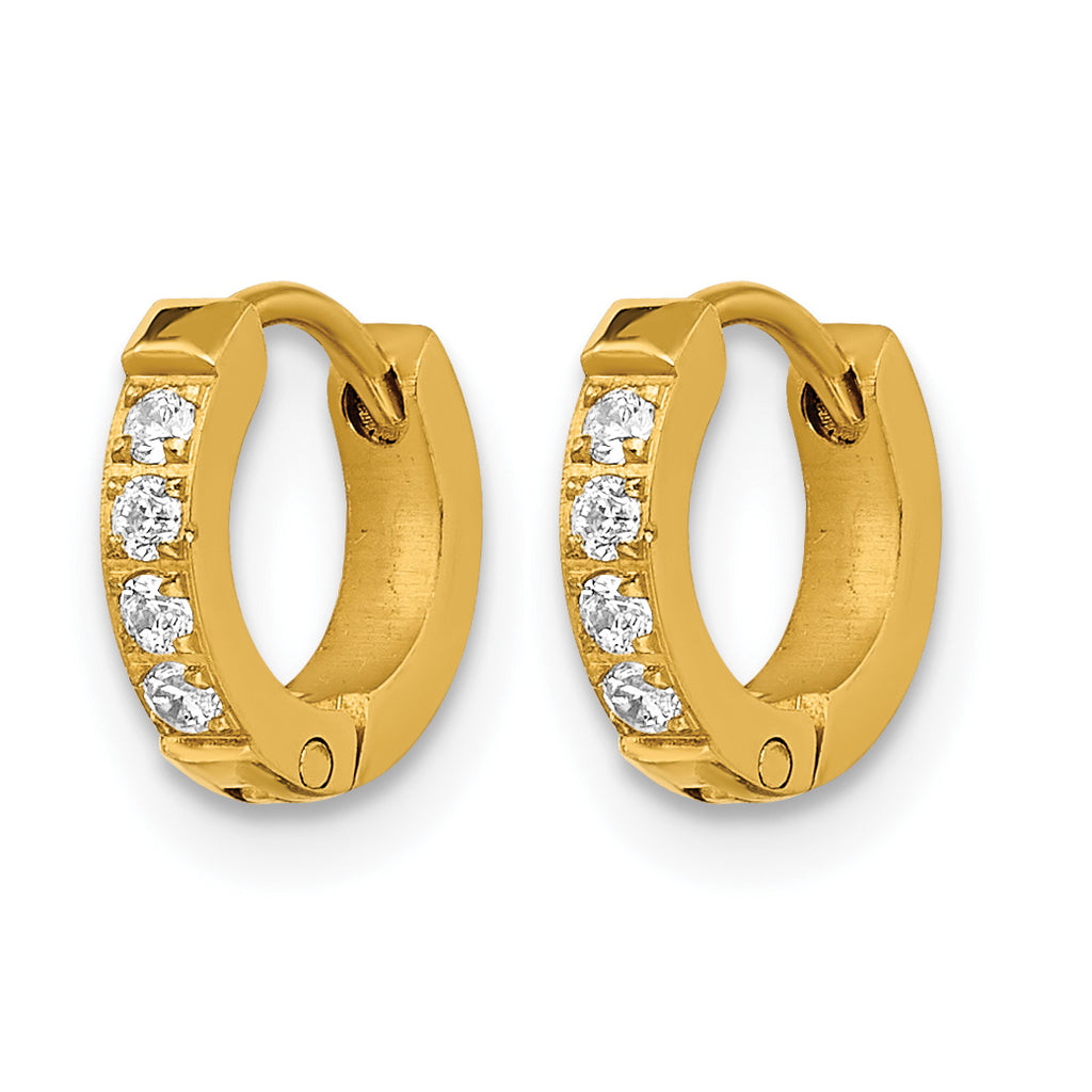 Stainless Steel Gold-Tone Polished Hinged Lab-Created Crystal Huggie Hoop Earrings