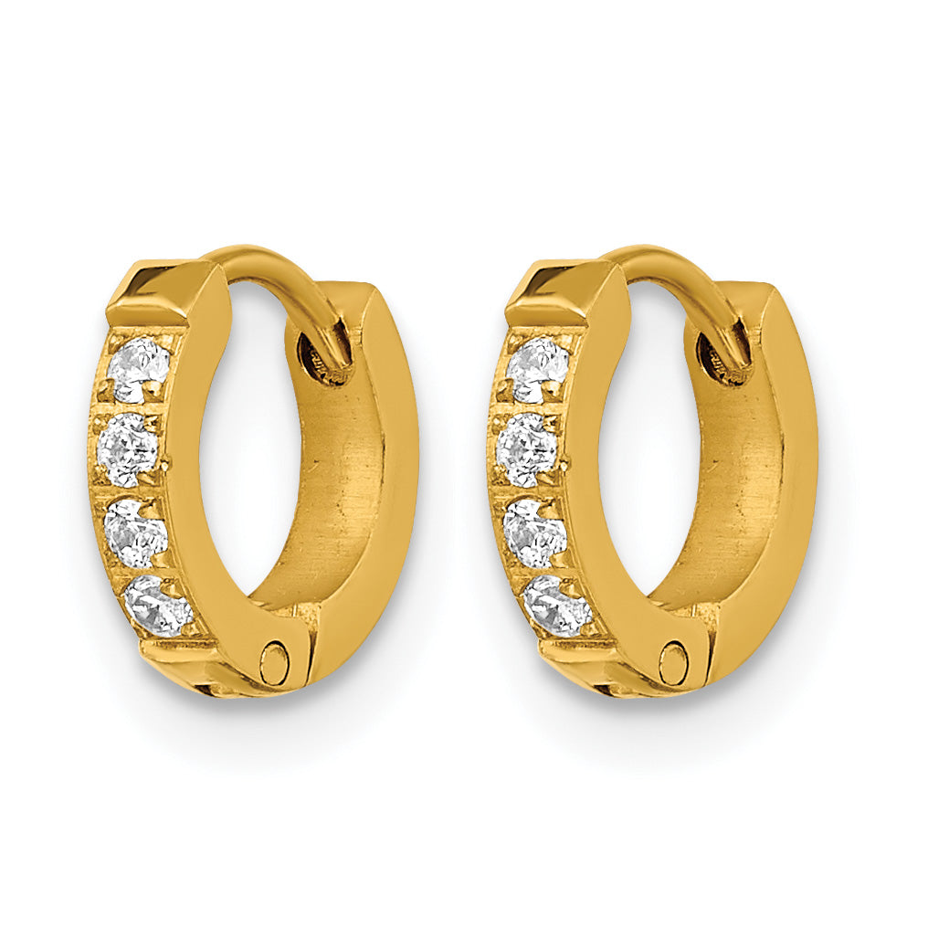 Stainless Steel Gold-Tone Polished Hinged Lab-Created Crystal Huggie Hoop Earrings