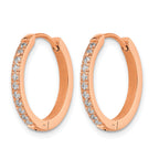 Stainless Steel Rose Gold-Tone Polished Hinged Lab-Created Crystal Huggie Hoop Earrings