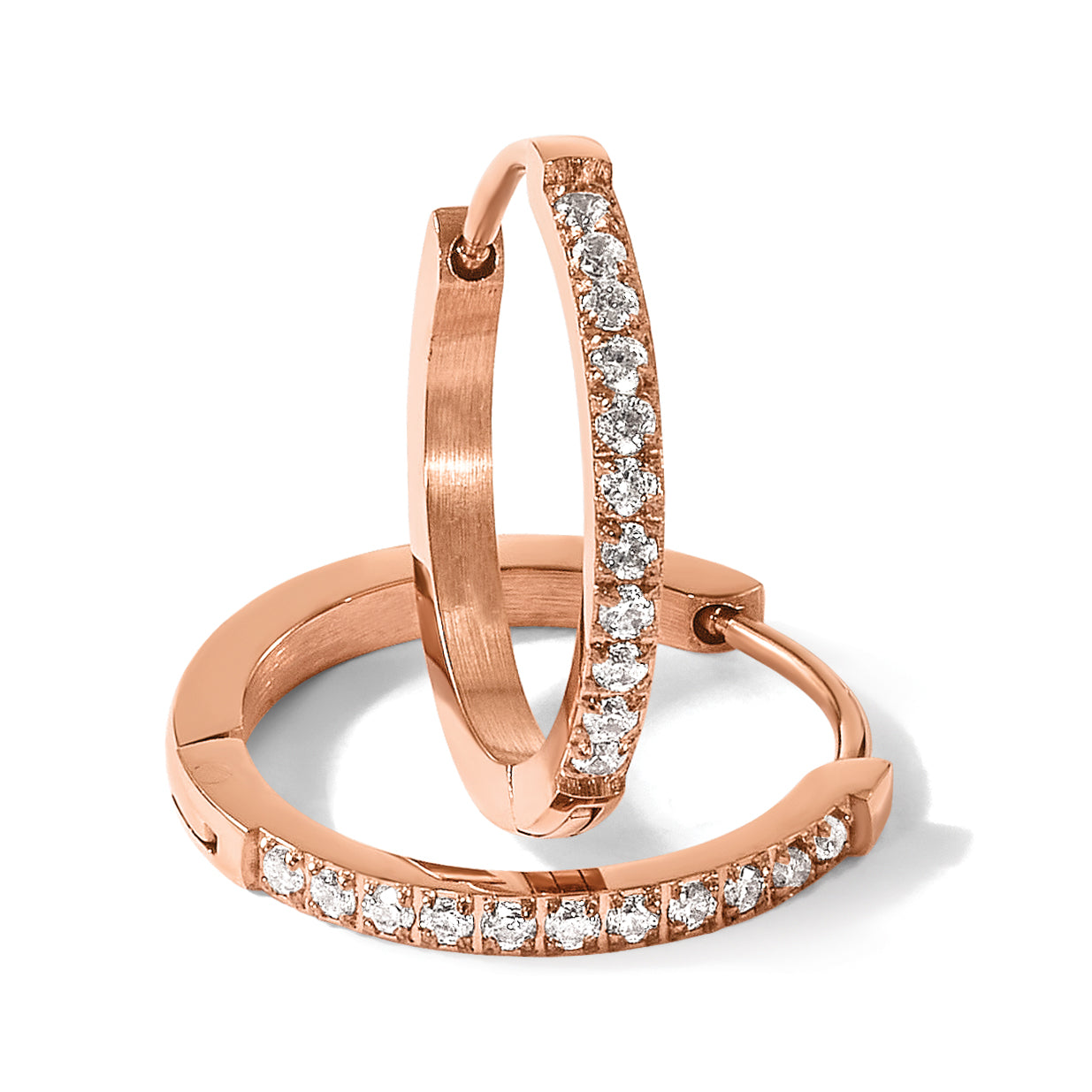 Stainless Steel Rose Gold-Tone Polished Hinged Lab-Created Crystal Huggie Hoop Earrings