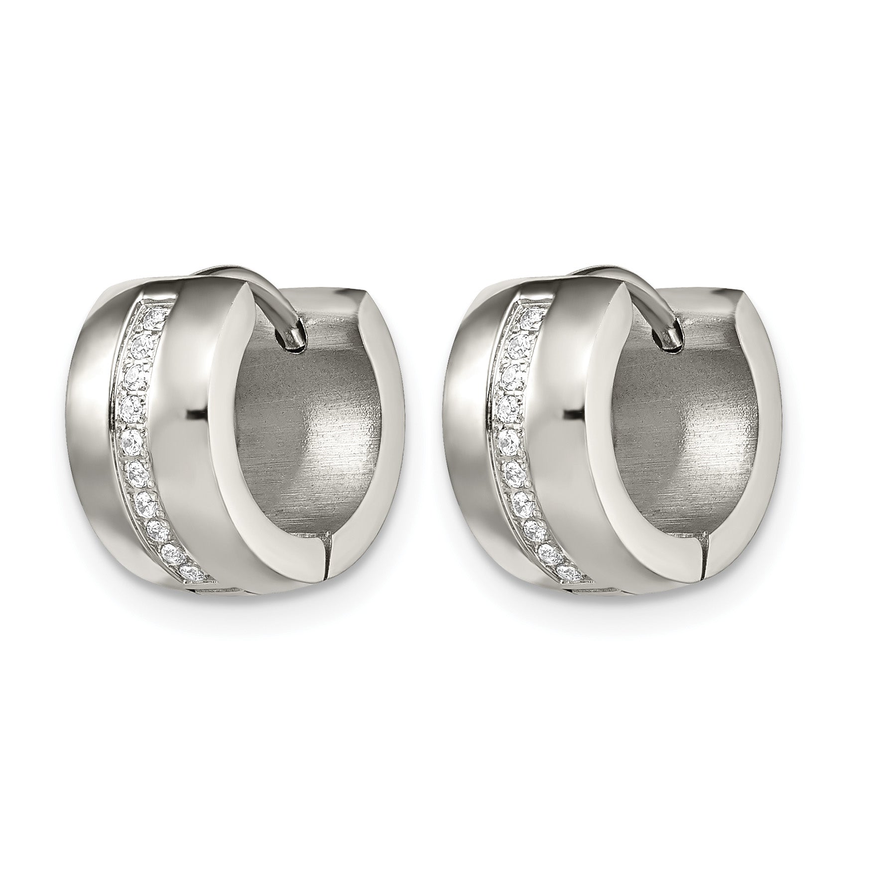 Stainless Steel Polished Hinged Lab-Created Crystal Huggie Hoop Earrings