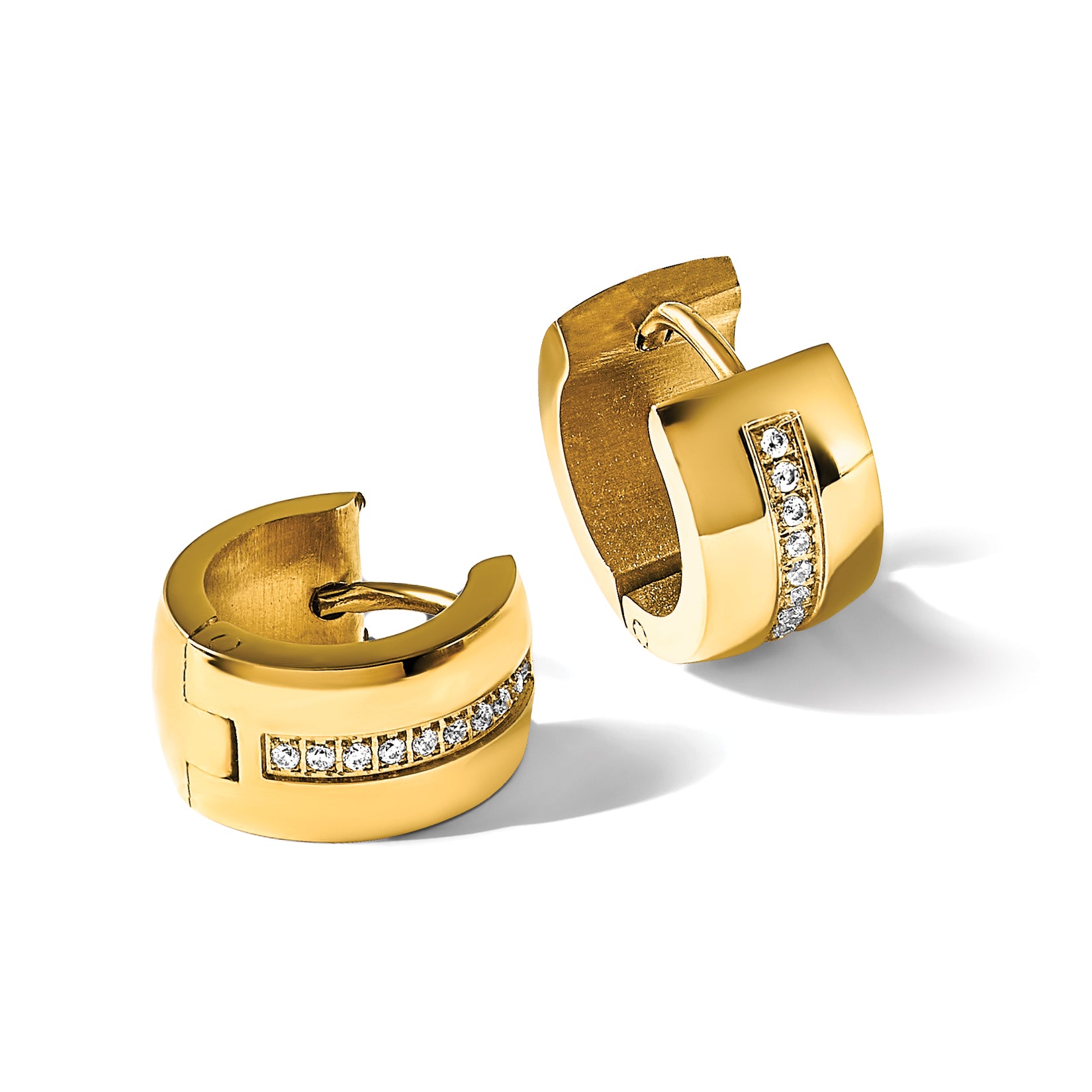 Stainless Steel Gold-Tone Polished Hinged Lab-Created Crystal Huggie Hoop Earrings