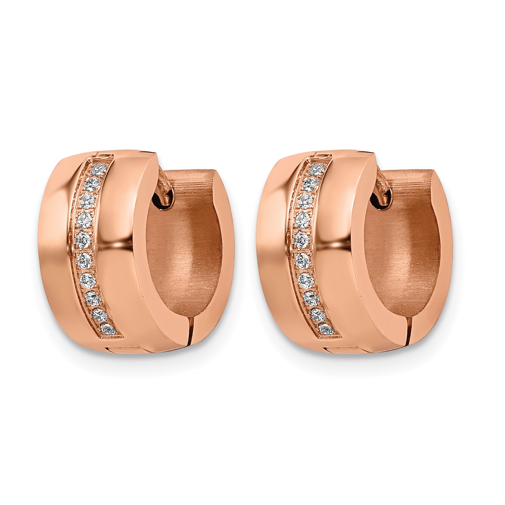Stainless Steel Rose Gold-Tone Polished Hinged Lab-Created Crystal Huggie Hoop Earrings Secondary image