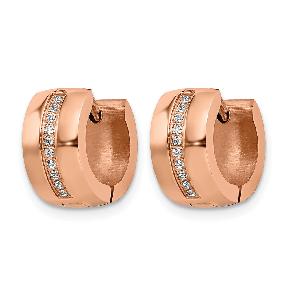 Stainless Steel Rose Gold-Tone Polished Hinged Lab-Created Crystal Huggie Hoop Earrings