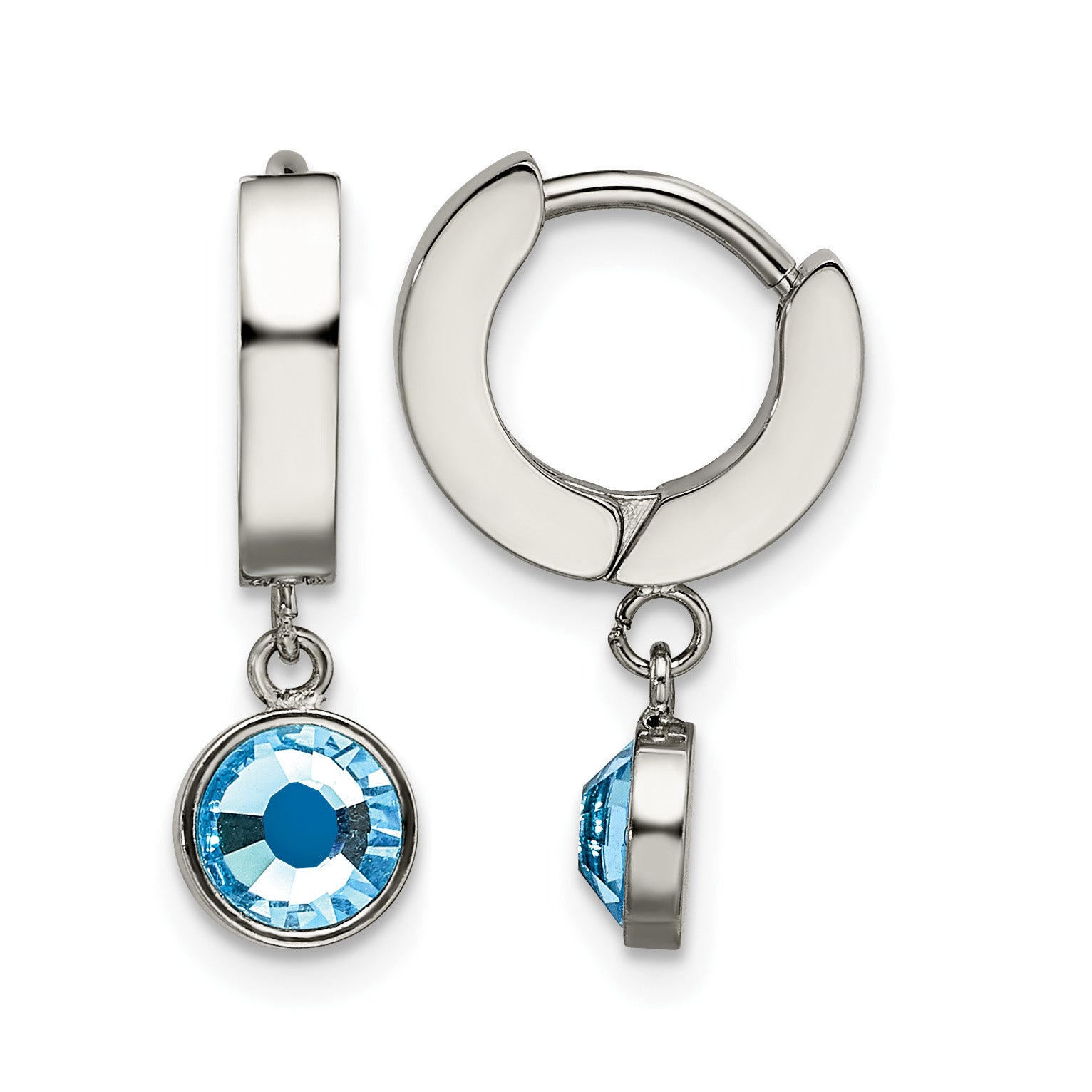 Stainless Steel Polished Hinged Blue Lab-Created Crystal Huggie Hoop Earrings for Women