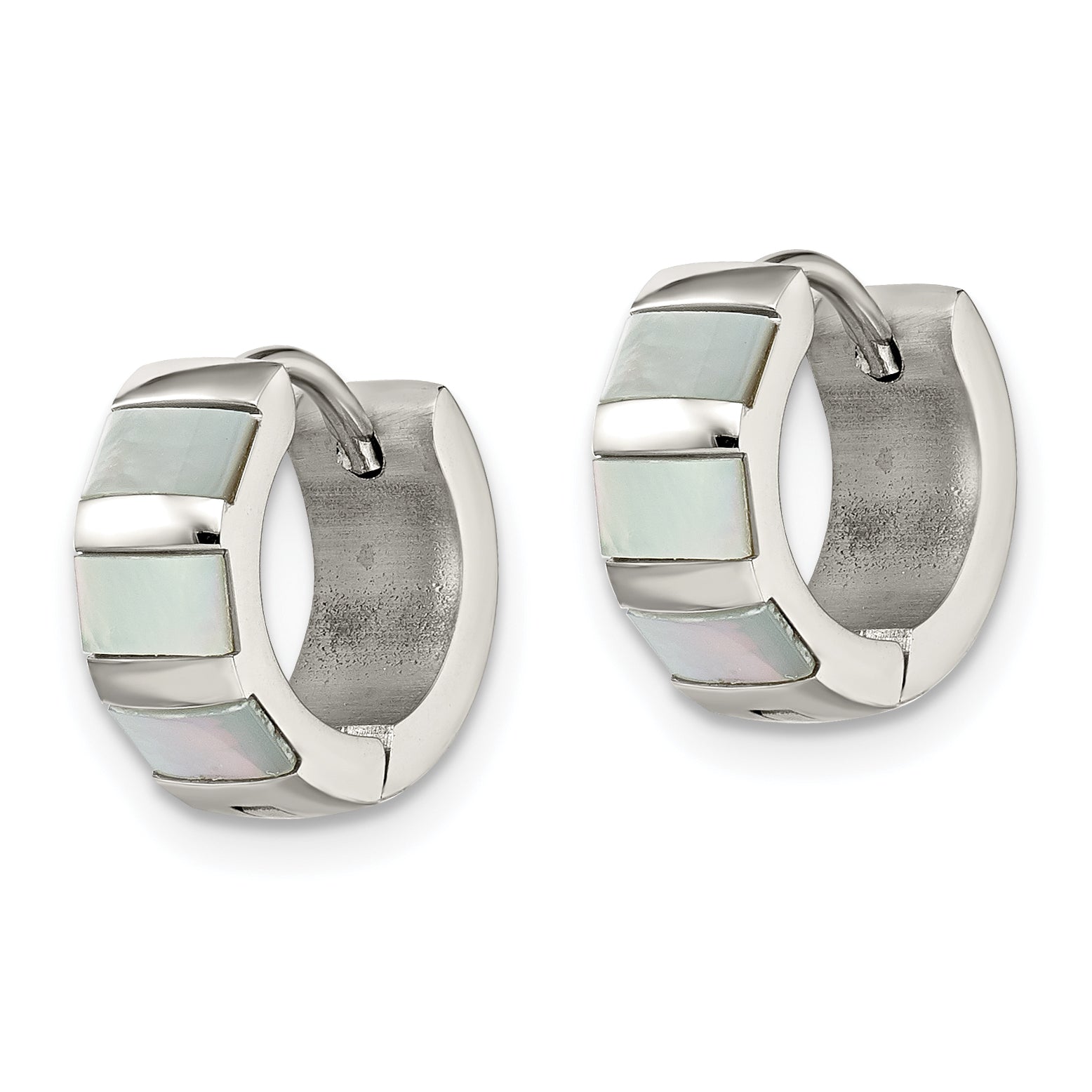 Chisel Stainless Steel Polished with Shell Pearl 5mm Hinged Hoop Earrings Secondary image