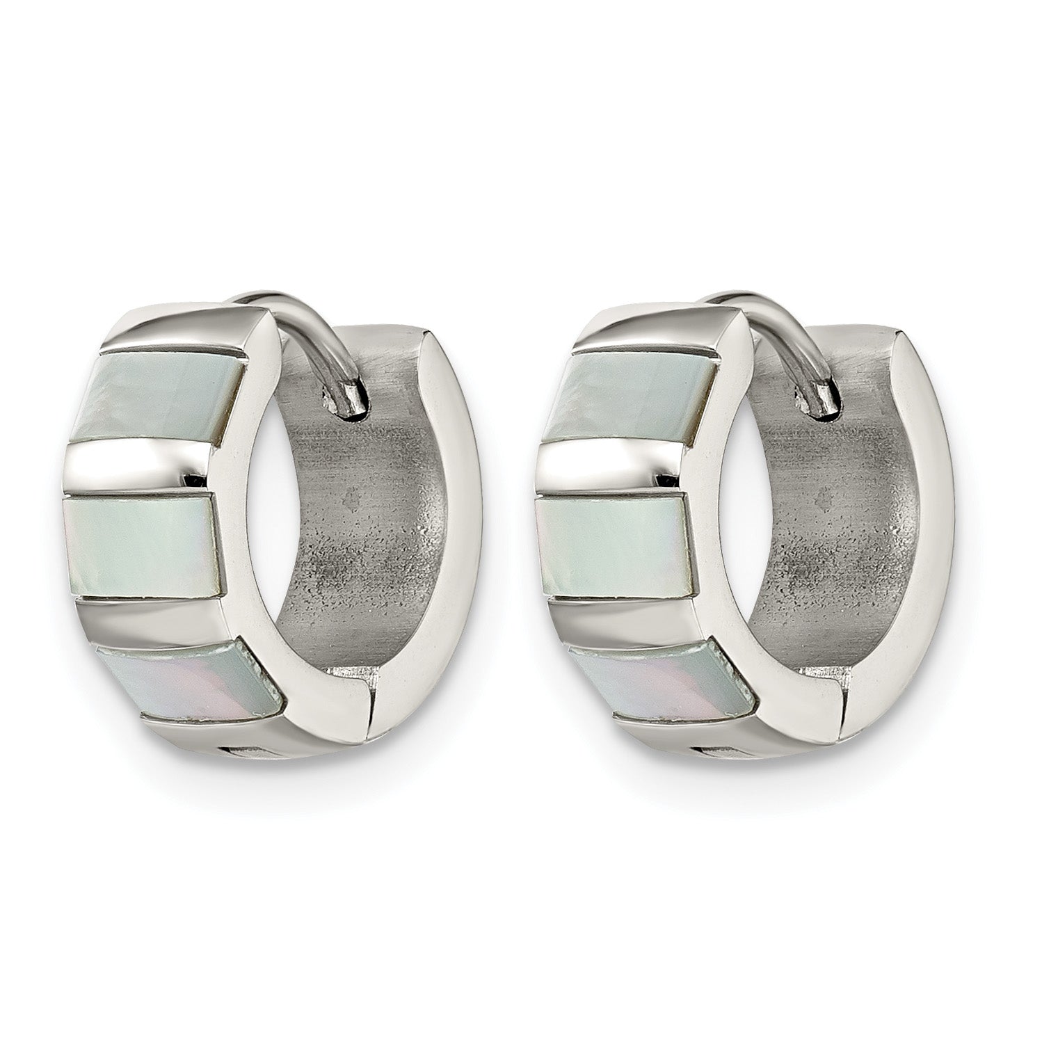 Stainless Steel Polished Pear Hinged Simulated Pearl Huggie Hoop Earrings Secondary image