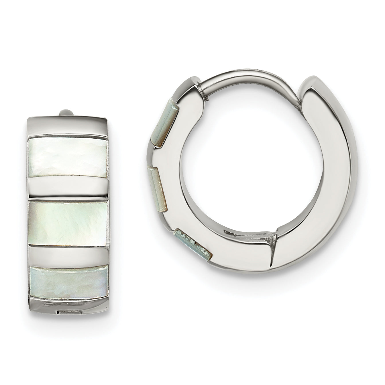 Chisel Stainless Steel Polished with Shell Pearl 5mm Hinged Hoop Earrings