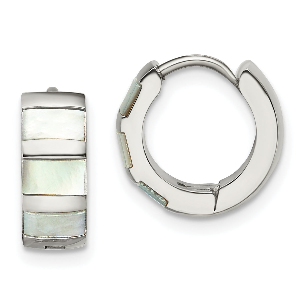 Chisel Stainless Steel Polished with Shell Pearl 5mm Hinged Hoop Earrings