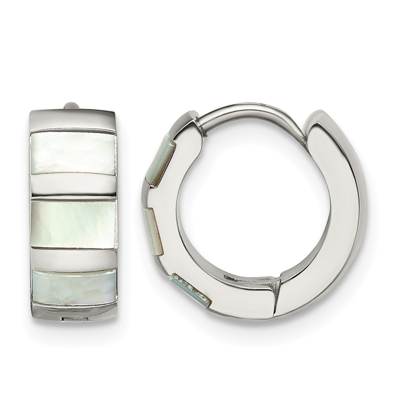 Stainless Steel Polished Pear Hinged Simulated Pearl Huggie Hoop Earrings Main image