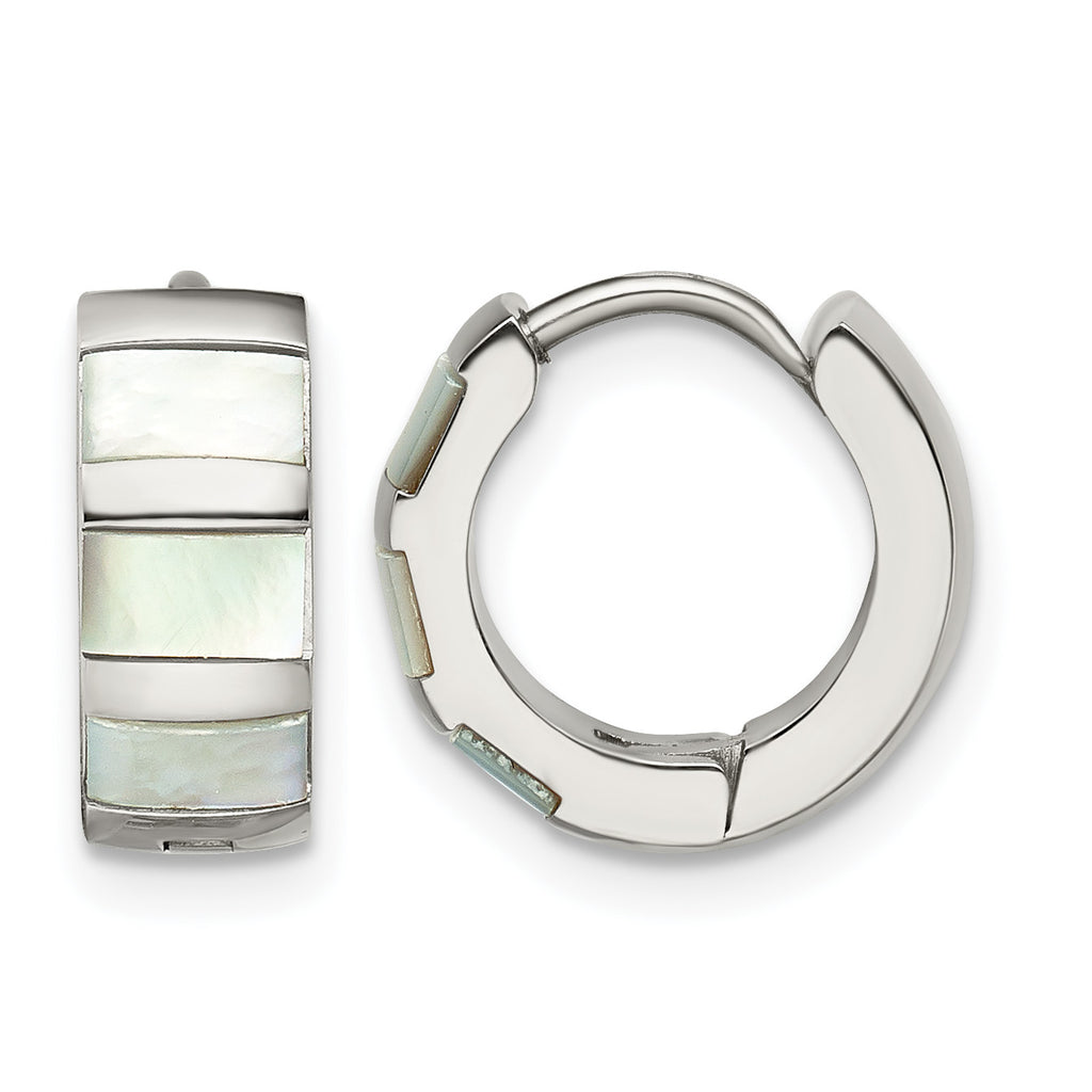 Stainless Steel Polished Pear Hinged Simulated Pearl Huggie Hoop Earrings