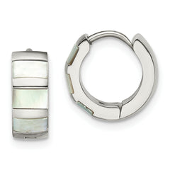 Chisel Stainless Steel Polished with Shell Pearl 5mm Hinged Hoop Earrings