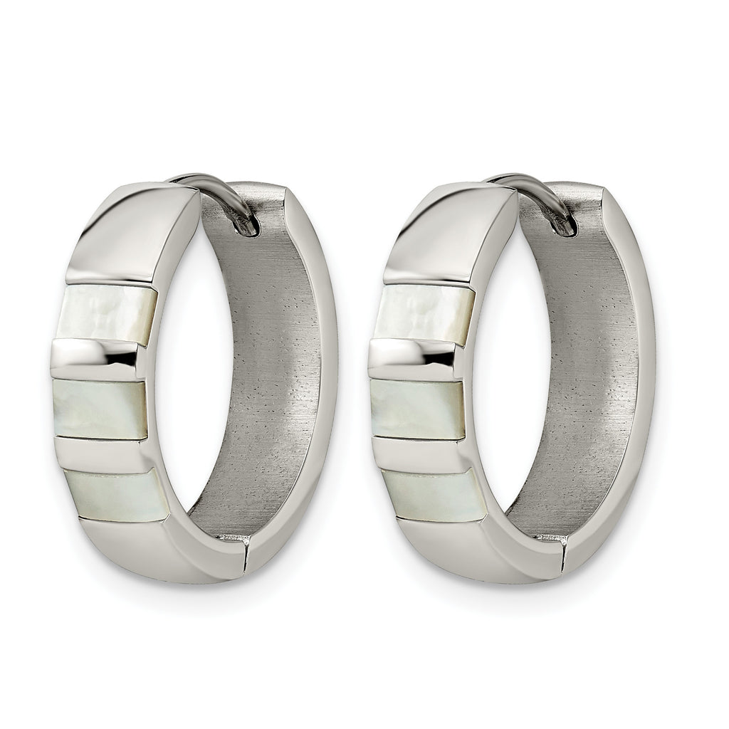 Stainless Steel Polished Pear Hinged Simulated Pearl Huggie Hoop Earrings
