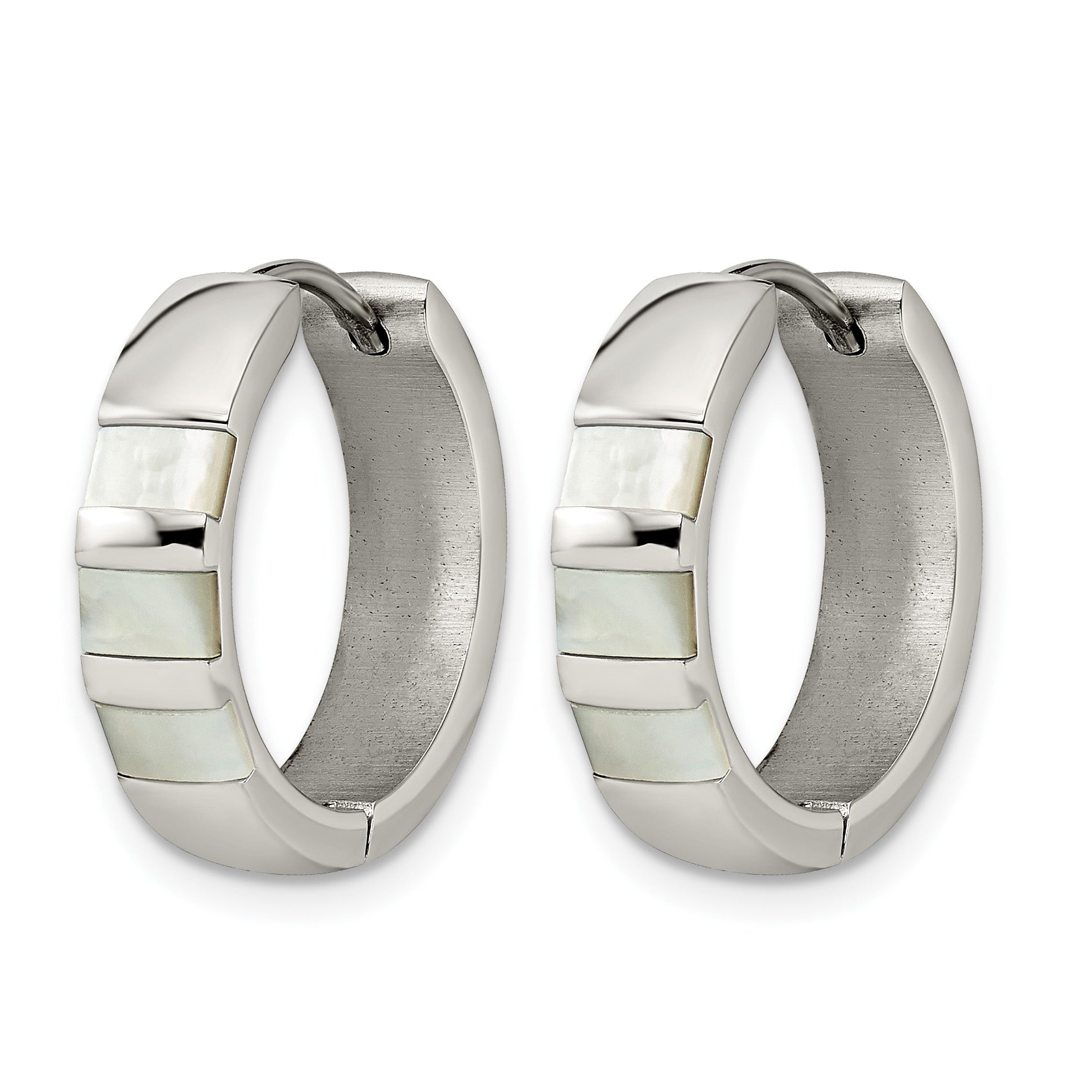 Stainless Steel Polished Pear Hinged Simulated Pearl Huggie Hoop Earrings