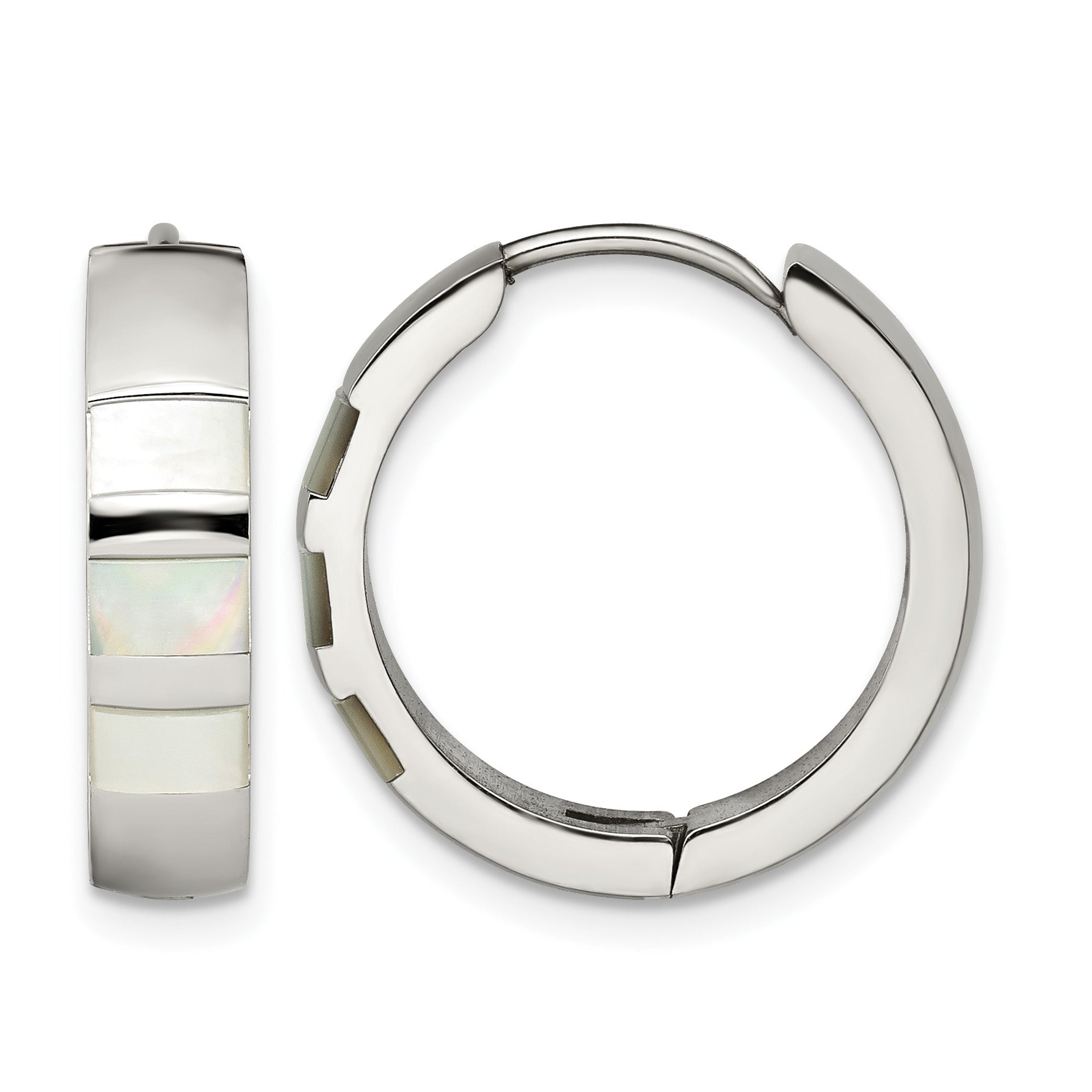 Stainless Steel Polished Pear Hinged Simulated Pearl Huggie Hoop Earrings