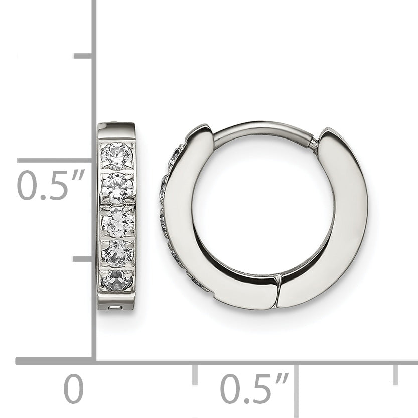 Stainless Steel Polished Hinged Cubic Zirconia Huggie Hoop Earrings