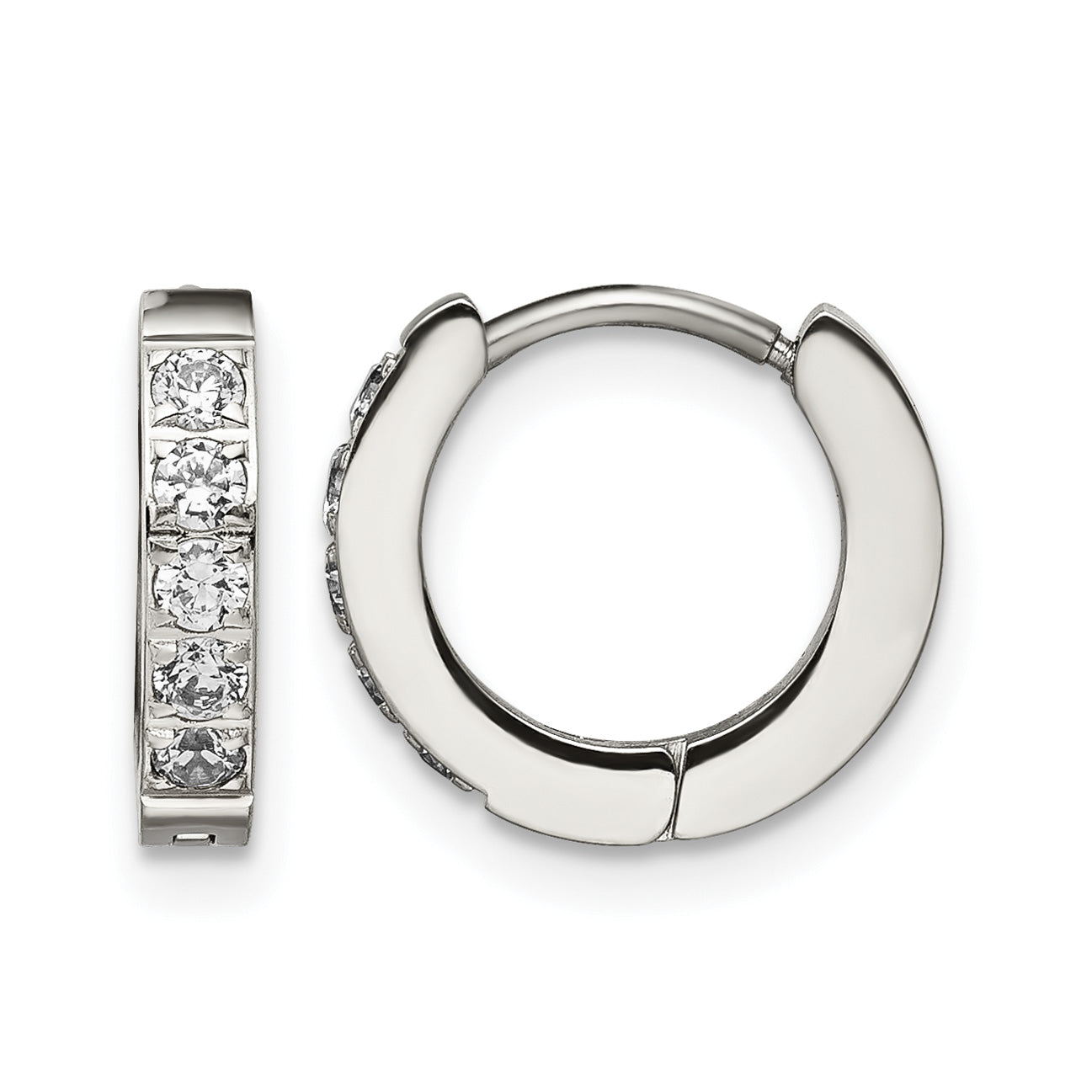 Stainless Steel Polished Hinged Cubic Zirconia Huggie Hoop Earrings