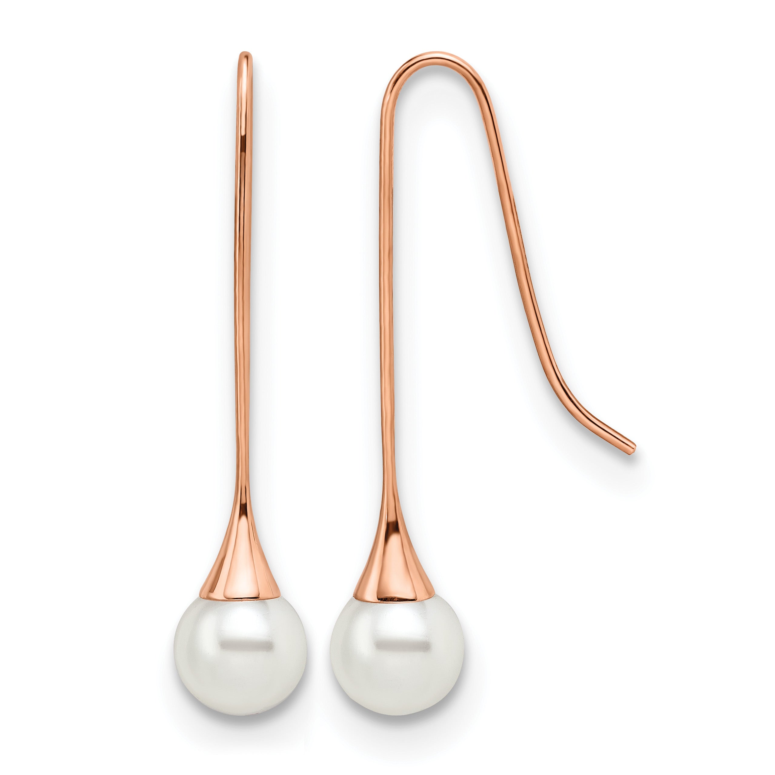 Stainless Steel Rose Gold-Tone Polished Pear Simulated Pearl Drop Dangle Earrings for Women