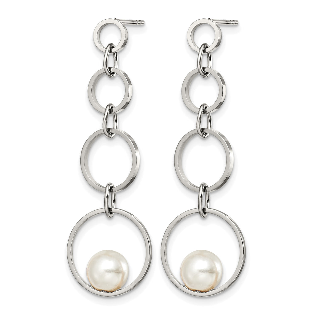 Stainless Steel Polished Pear Simulated Pearl Drop Dangle Earrings for Women
