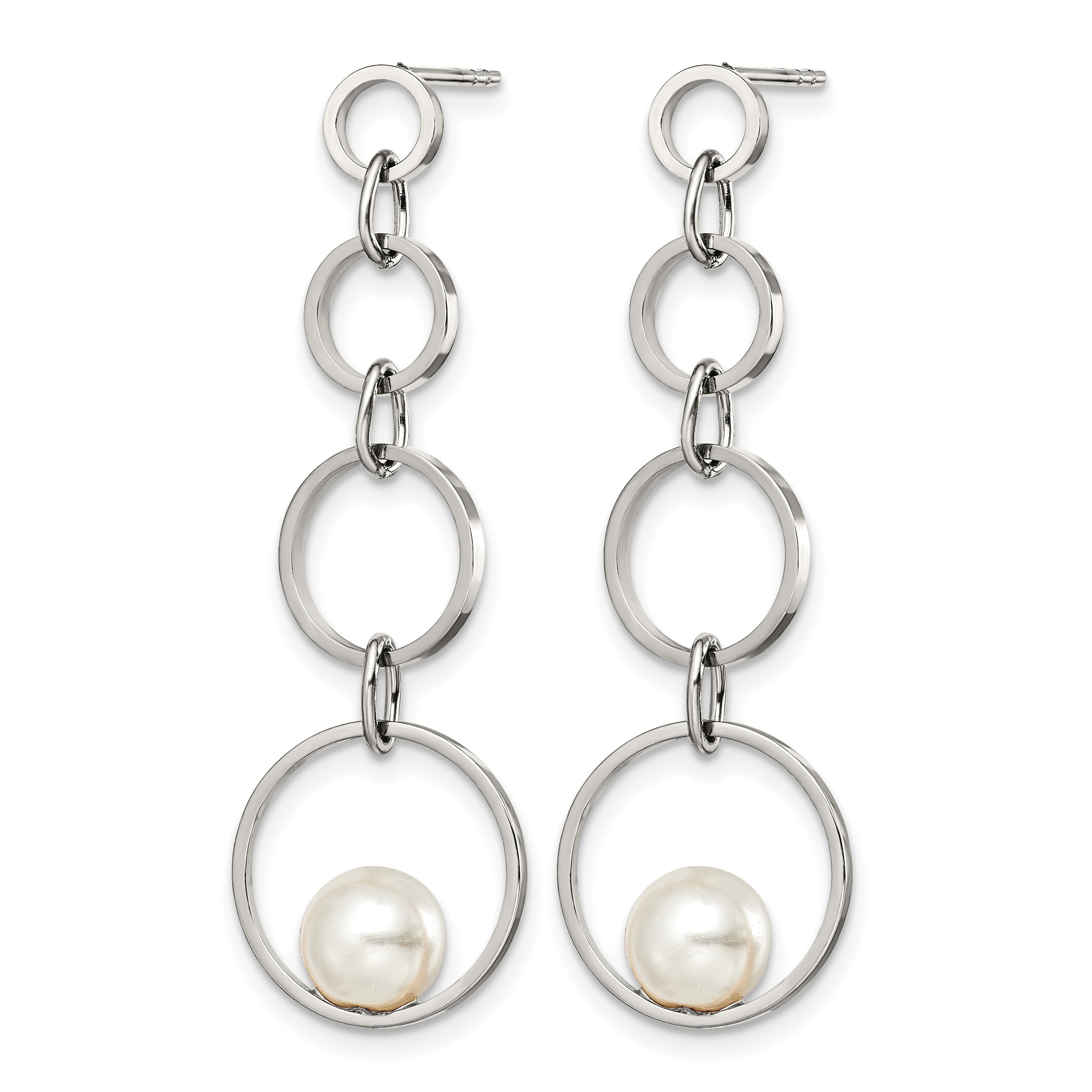 Stainless Steel Polished Pear Simulated Pearl Drop Dangle Earrings for Women