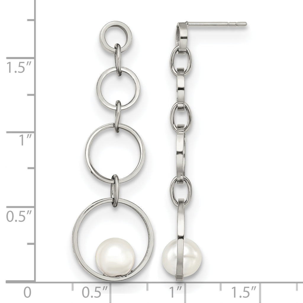 Stainless Steel Polished Pear Simulated Pearl Drop Dangle Earrings for Women