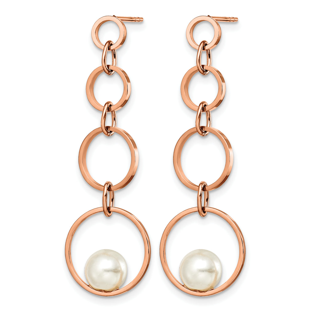 Stainless Steel Rose Gold-Tone Polished Pear Simulated Pearl Drop Dangle Earrings for Women