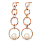 Stainless Steel Rose Gold-Tone Polished Pear Simulated Pearl Drop Dangle Earrings for Women