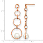 Stainless Steel Rose Gold-Tone Polished Pear Simulated Pearl Drop Dangle Earrings for Women