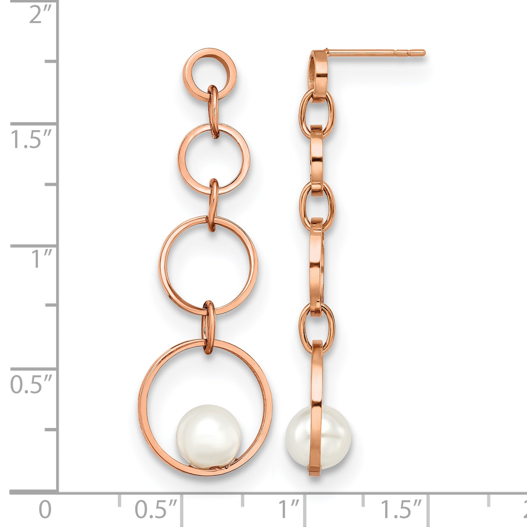 Stainless Steel Rose Gold-Tone Polished Pear Simulated Pearl Drop Dangle Earrings for Women