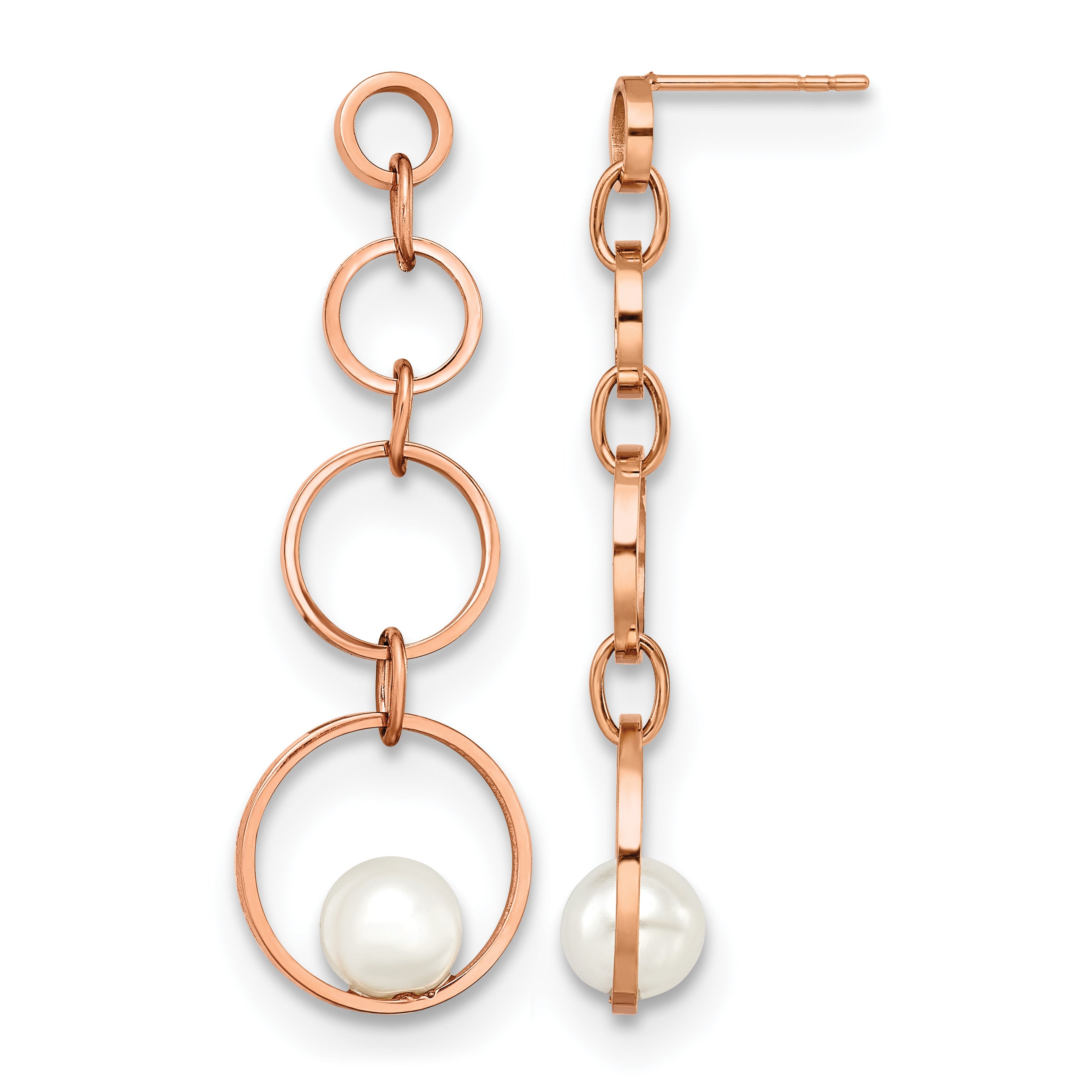 Stainless Steel Rose Gold-Tone Polished Pear Simulated Pearl Drop Dangle Earrings for Women Main image