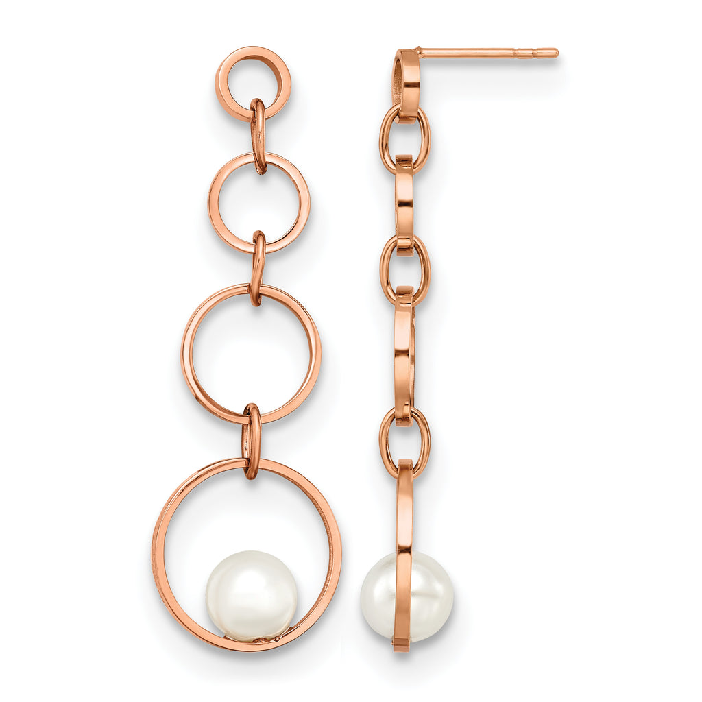 Stainless Steel Rose Gold-Tone Polished Pear Simulated Pearl Drop Dangle Earrings for Women