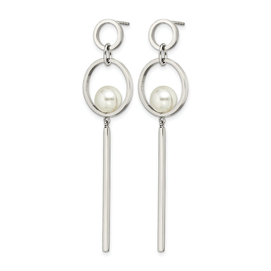 Stainless Steel Polished Pear Simulated Pearl Drop Dangle Earrings for Women