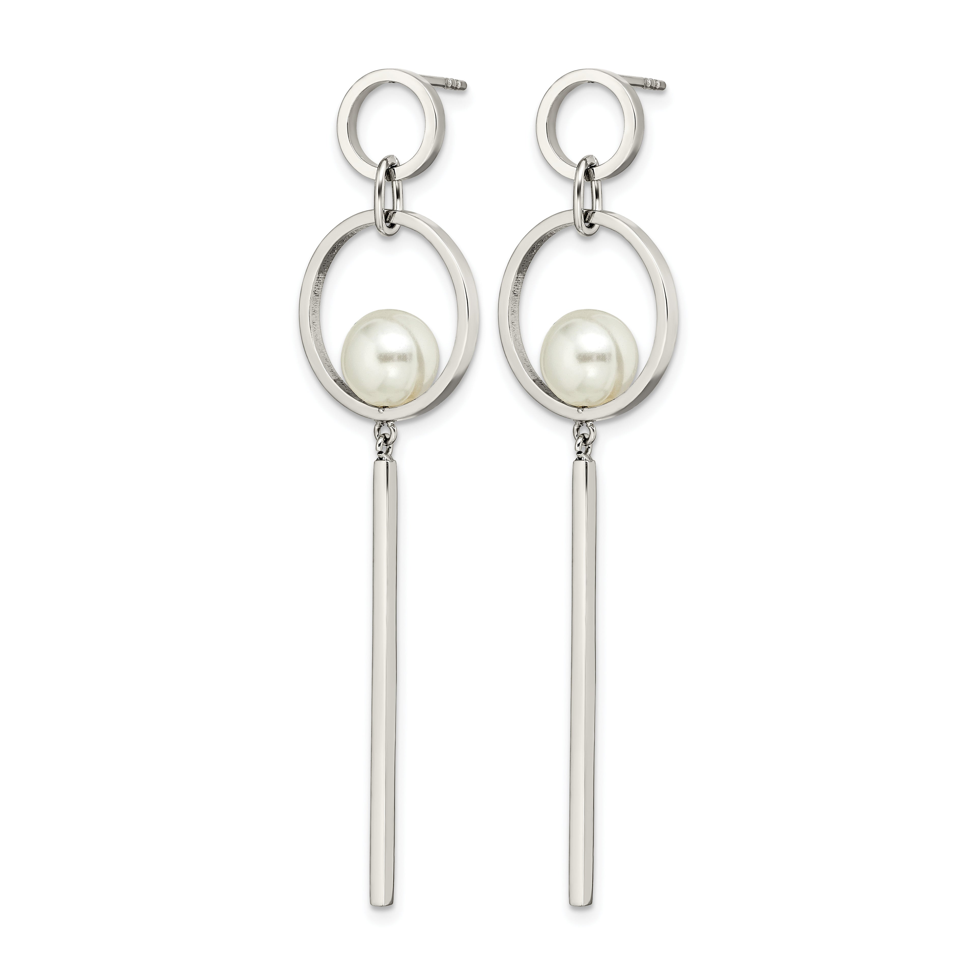 Stainless Steel Polished Pear Simulated Pearl Drop Dangle Earrings for Women