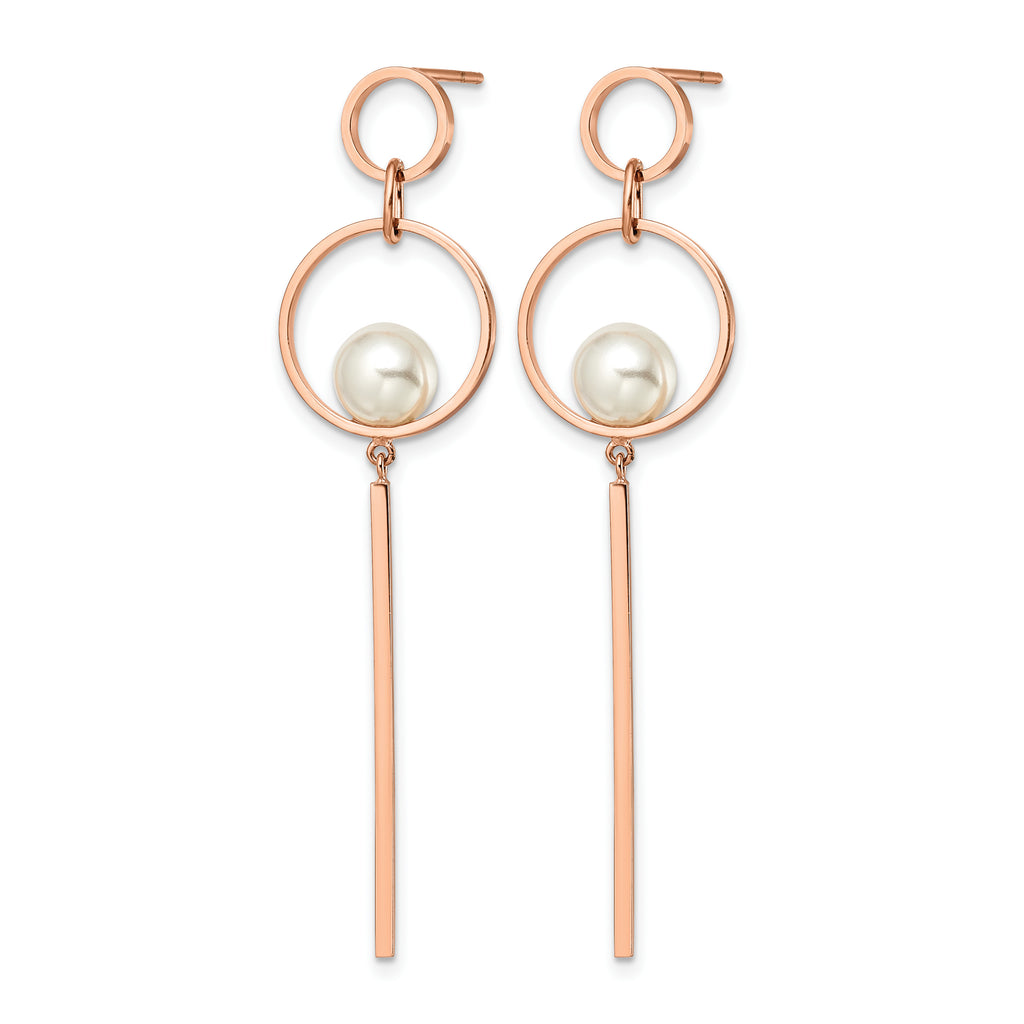 Stainless Steel Rose Gold-Tone Polished Pear Simulated Pearl Drop Dangle Earrings for Women