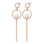 Stainless Steel Rose Gold-Tone Polished Pear Simulated Pearl Drop Dangle Earrings for Women