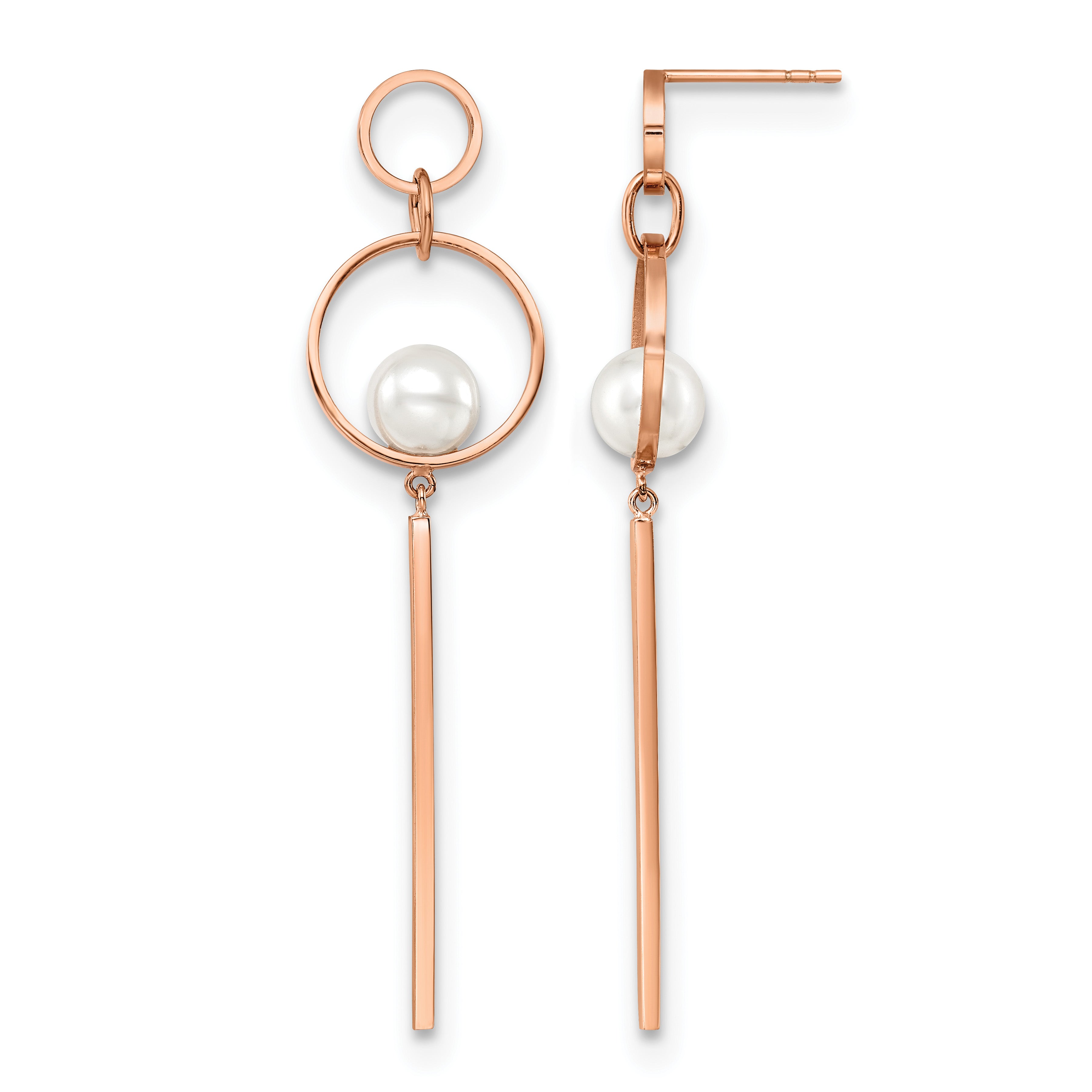 Stainless Steel Rose Gold-Tone Polished Pear Simulated Pearl Drop Dangle Earrings for Women Main image