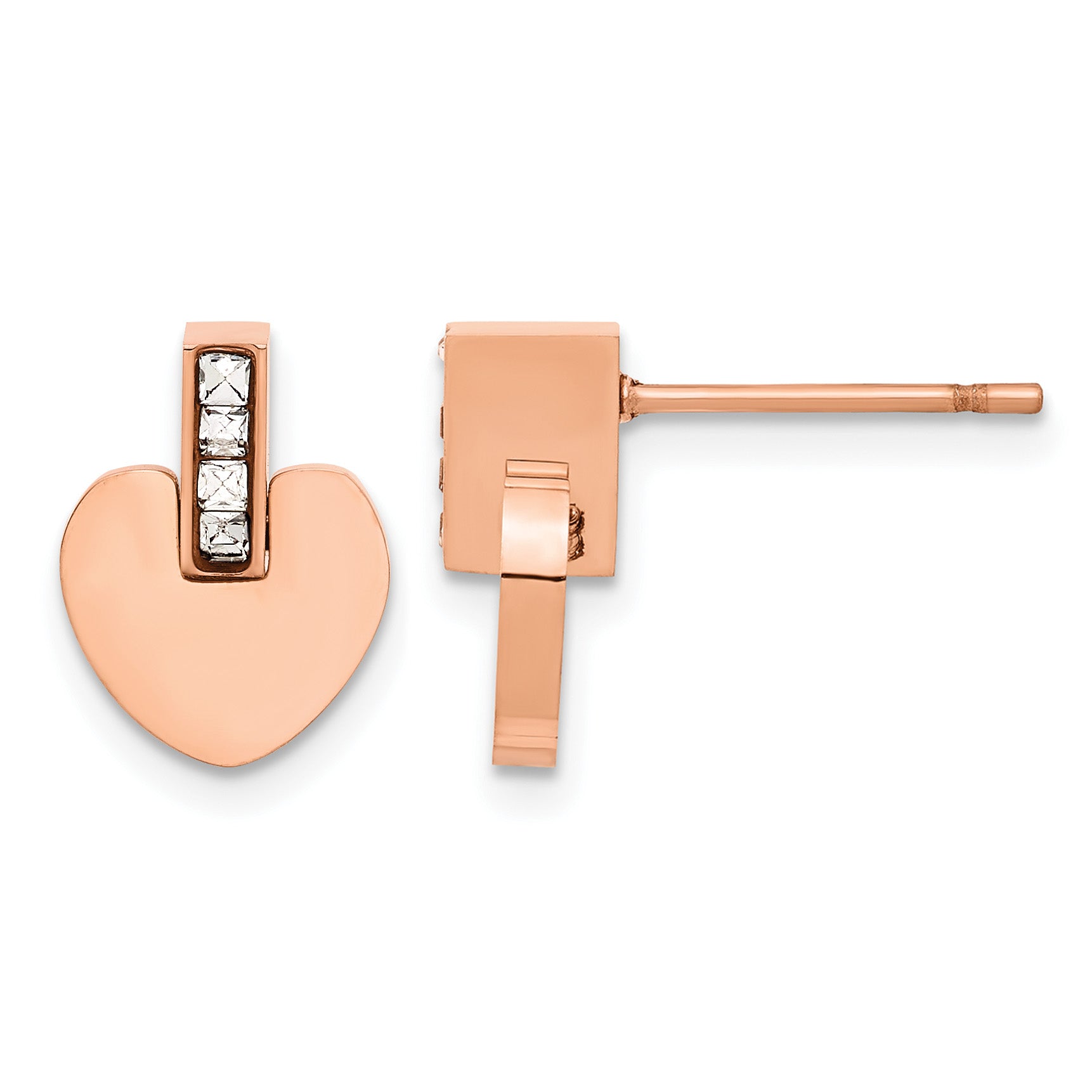 Stainless Steel Rose Gold-Tone Polished Heart Cubic Zirconia Button Earrings for Women Main image