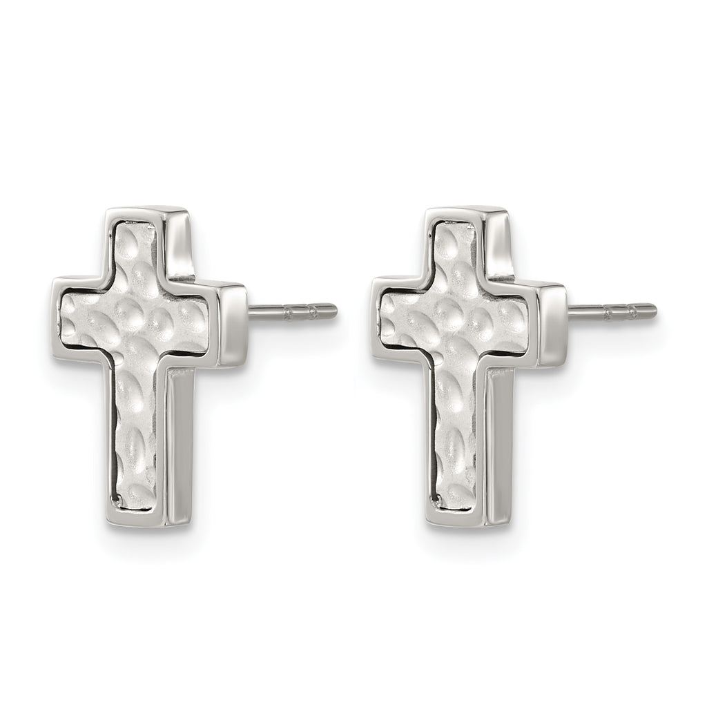 Stainless Steel Polished & Brushed Textured Cross Button Earrings