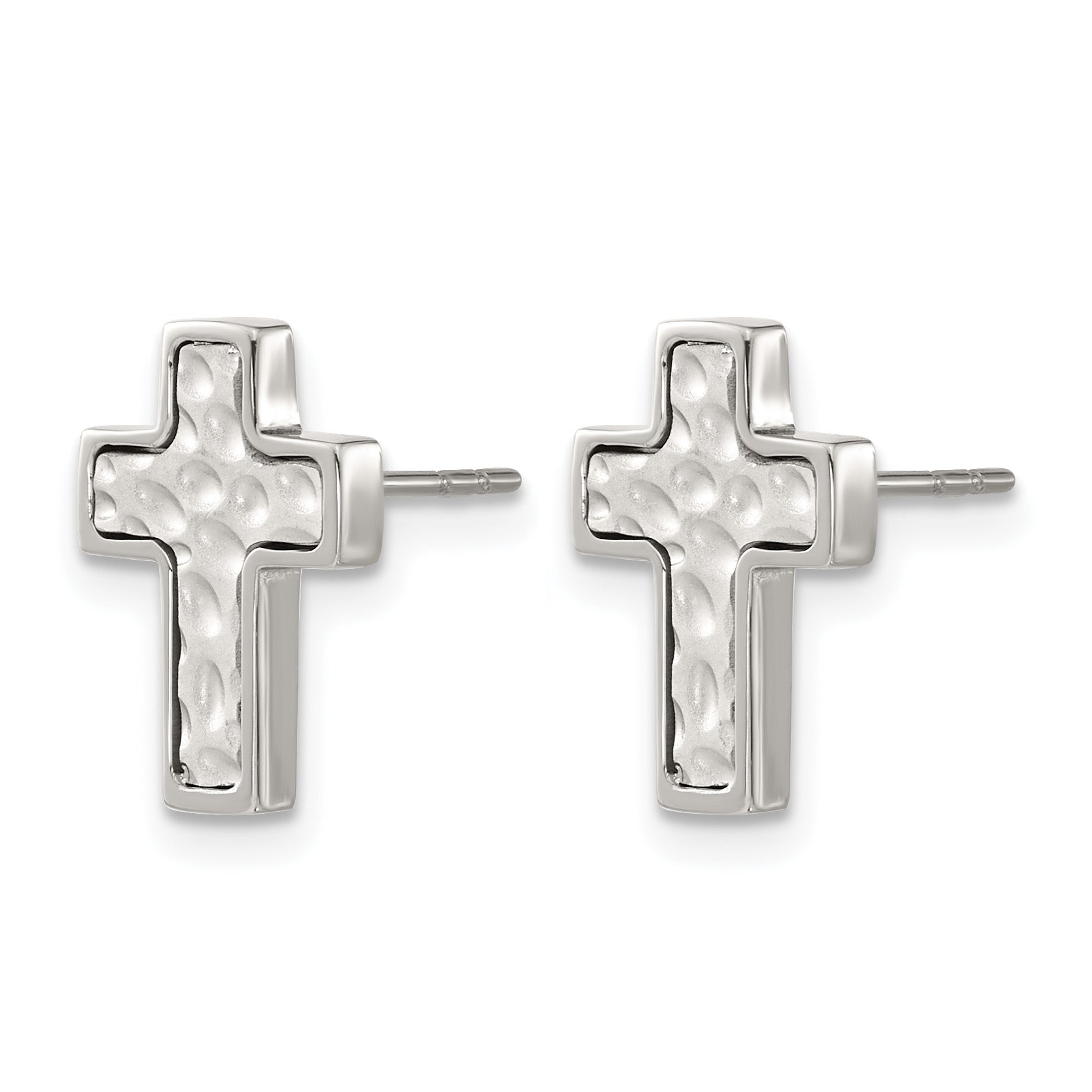 Stainless Steel Polished & Brushed Textured Cross Button Earrings