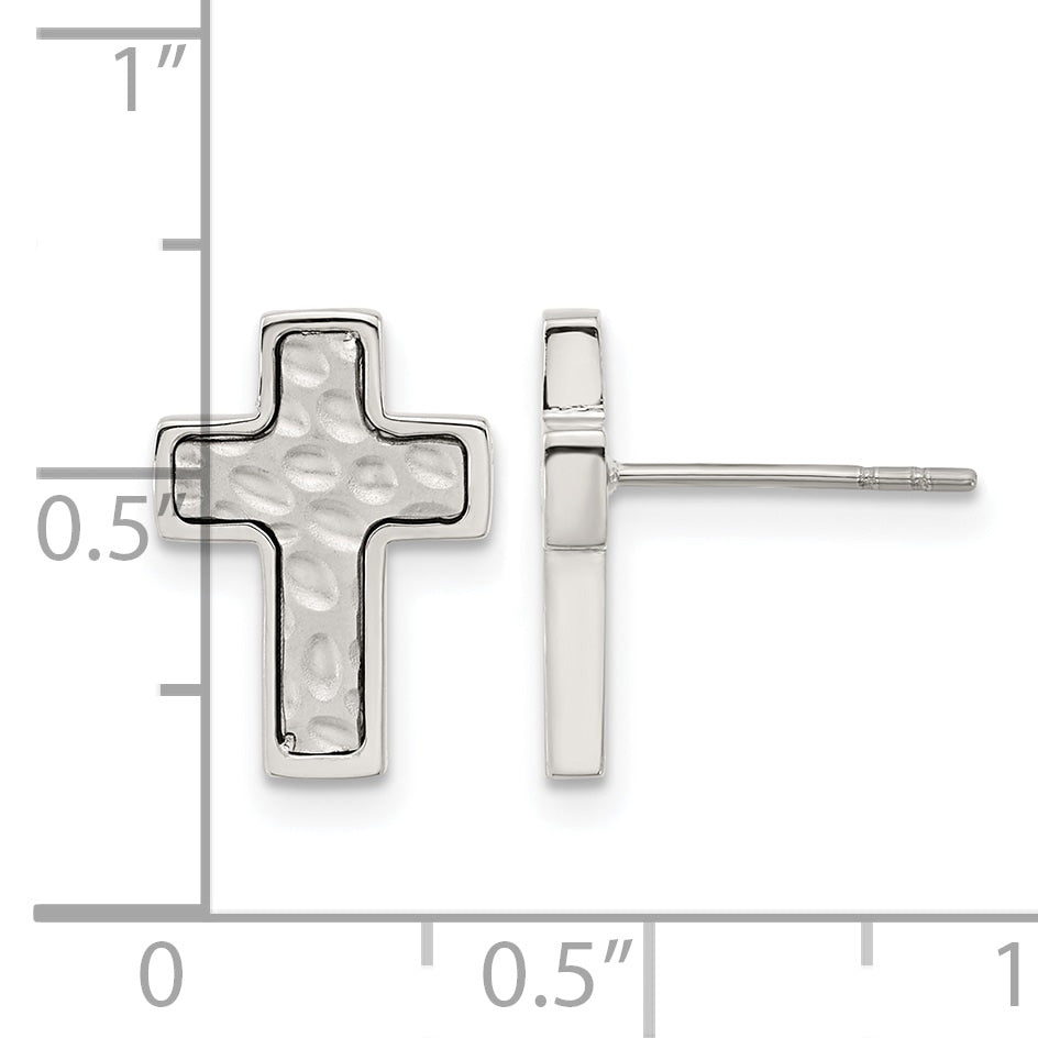Stainless Steel Polished & Brushed Textured Cross Button Earrings