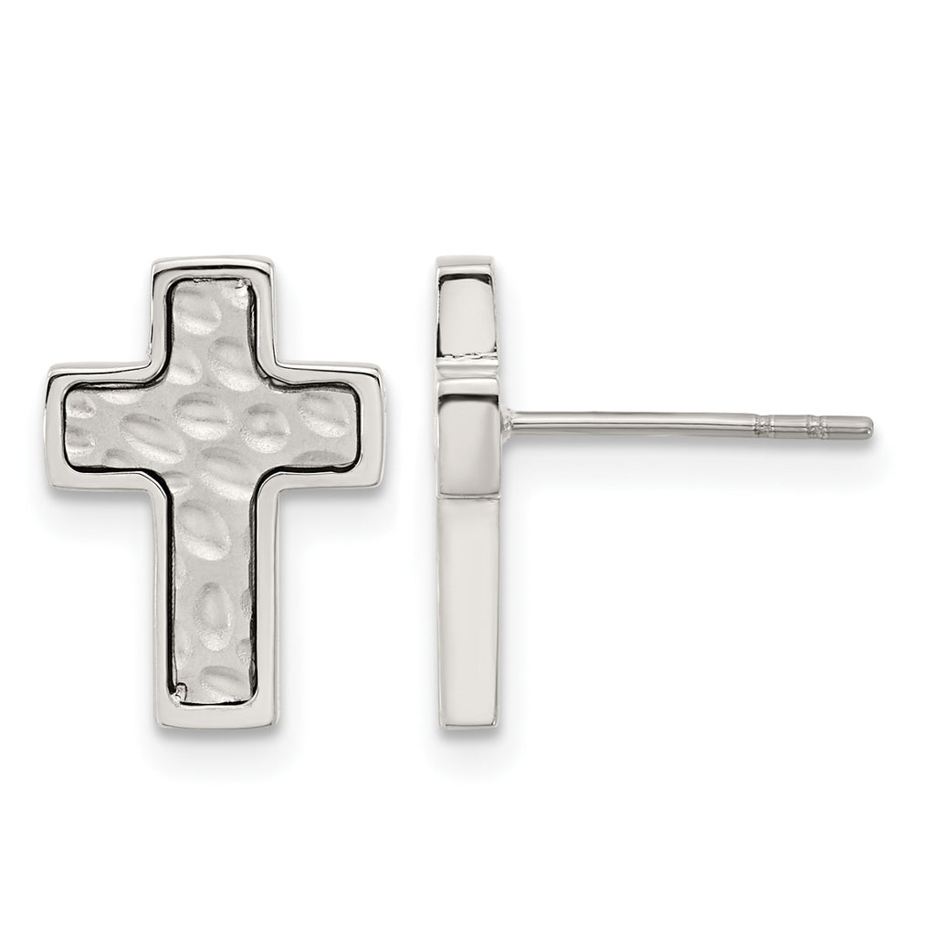 Stainless Steel Polished & Brushed Textured Cross Button Earrings